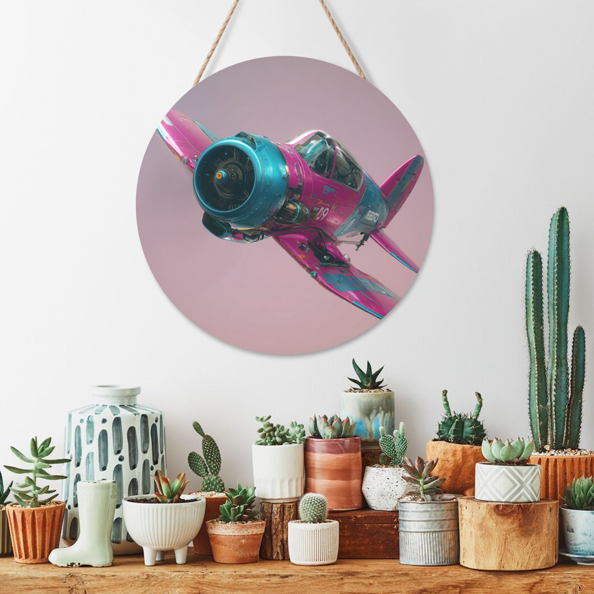 Vintage Airplane Theme Round Wooden Wall Art – 12" Diameter, Thick Wood Panel, Waterproof Finish with Hanging Rope, Modern Aviation-Inspired Home and Office Décor