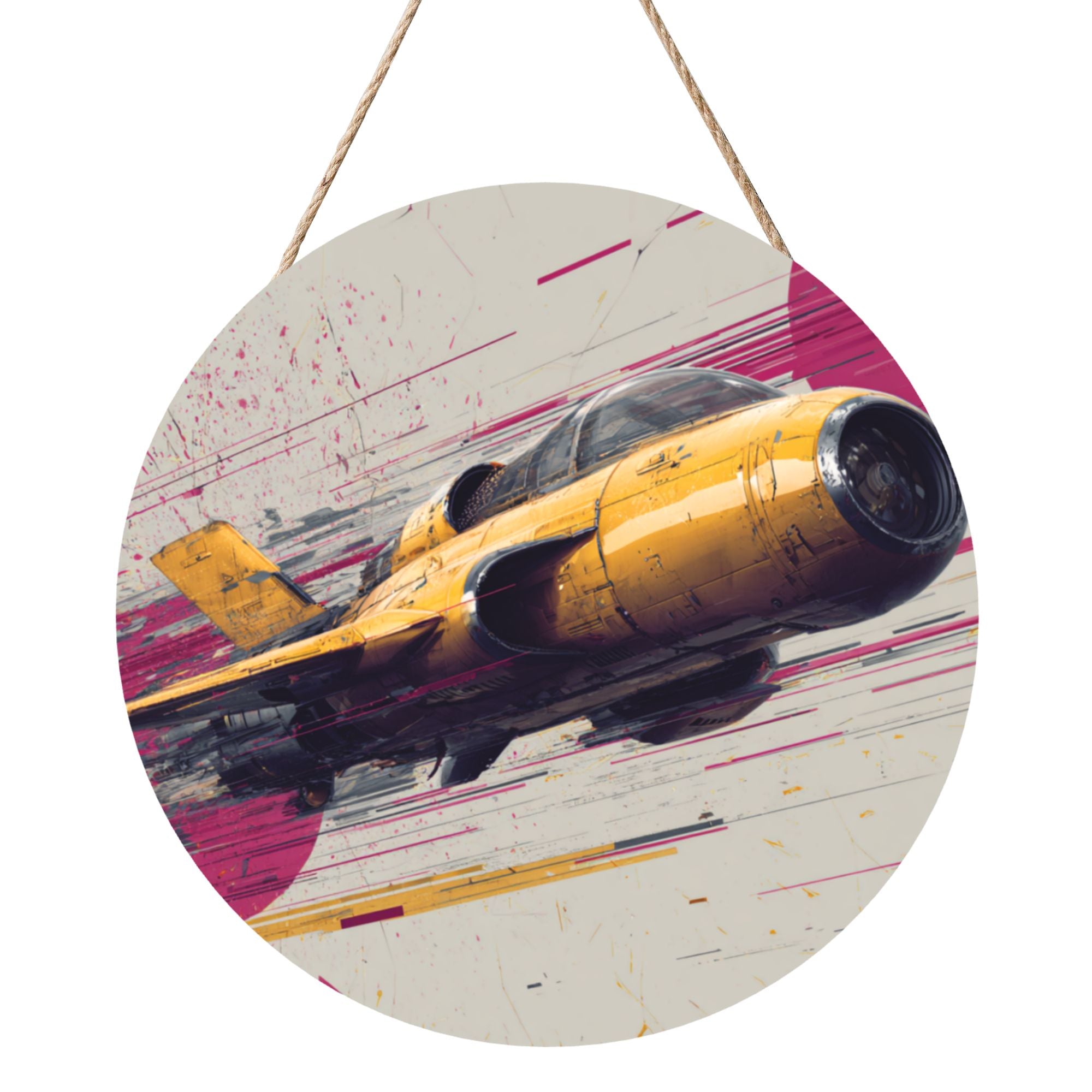 Fighter Jet Round Wooden Wall Art – 12" Aviation Theme Decorative Hanging Panel, Thick Wood Board, Waterproof Finish with Hanging Rope, Modern Home & Office Décor