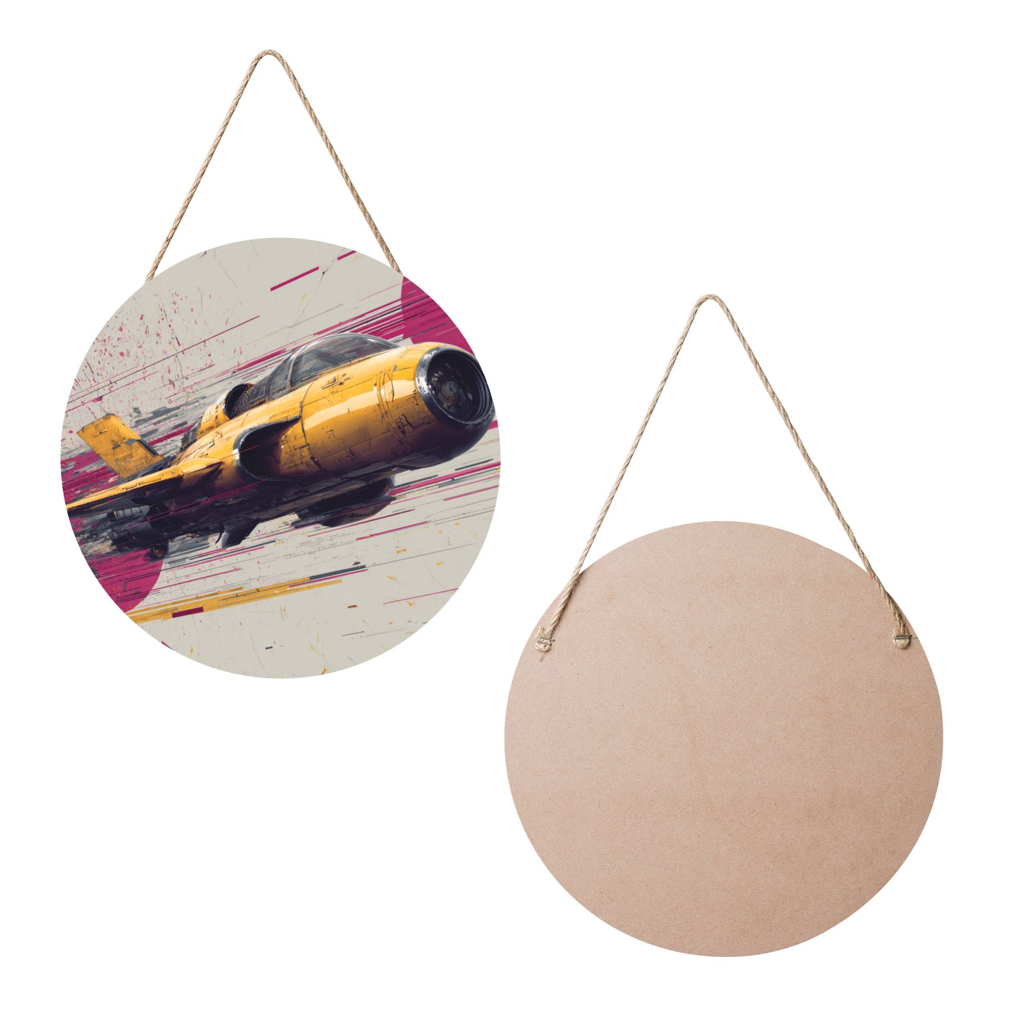 Fighter Jet Round Wooden Wall Art – 12" Aviation Theme Decorative Hanging Panel, Thick Wood Board, Waterproof Finish with Hanging Rope, Modern Home & Office Décor