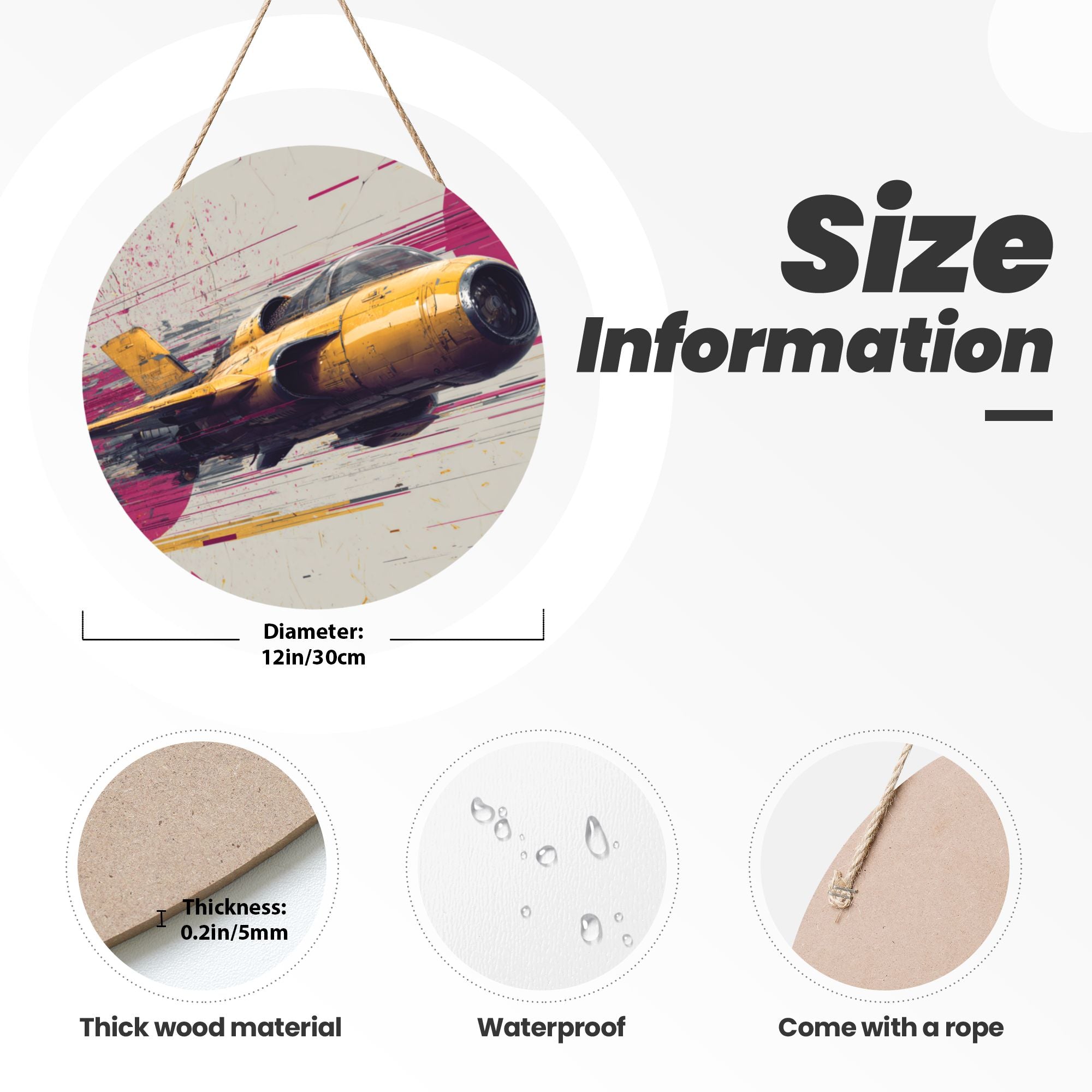 Fighter Jet Round Wooden Wall Art – 12" Aviation Theme Decorative Hanging Panel, Thick Wood Board, Waterproof Finish with Hanging Rope, Modern Home & Office Décor
