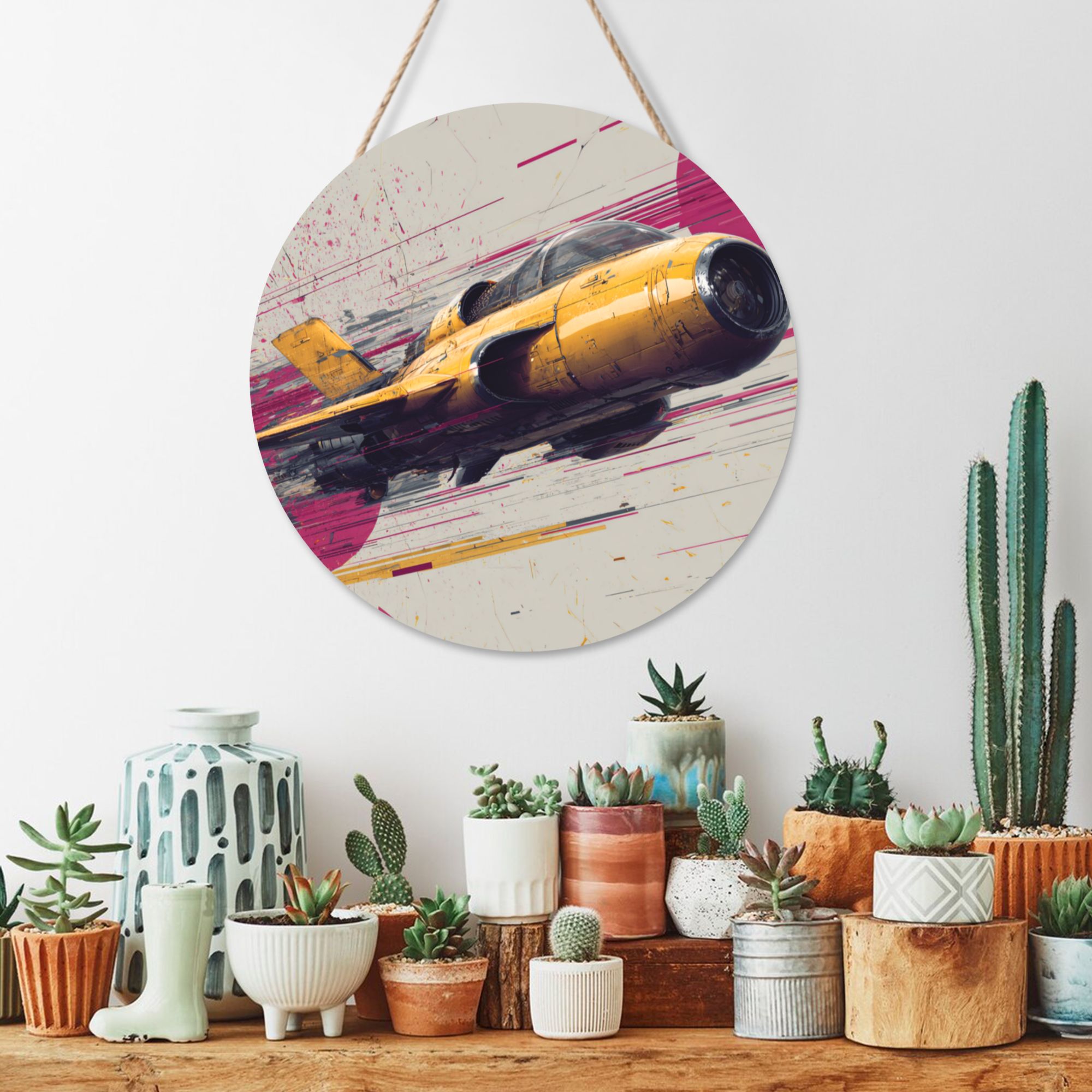 Fighter Jet Round Wooden Wall Art – 12" Aviation Theme Decorative Hanging Panel, Thick Wood Board, Waterproof Finish with Hanging Rope, Modern Home & Office Décor