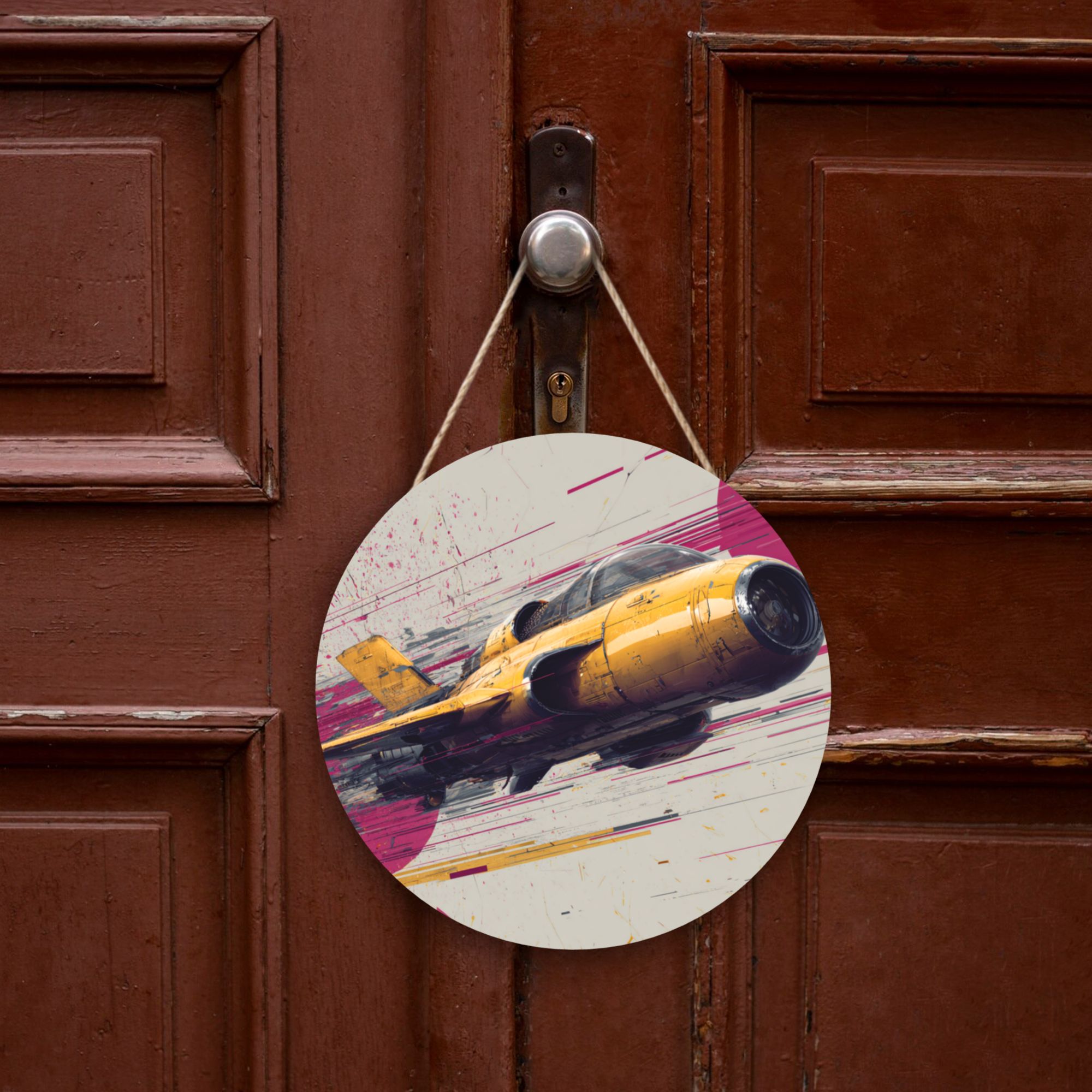 Fighter Jet Round Wooden Wall Art – 12" Aviation Theme Decorative Hanging Panel, Thick Wood Board, Waterproof Finish with Hanging Rope, Modern Home & Office Décor