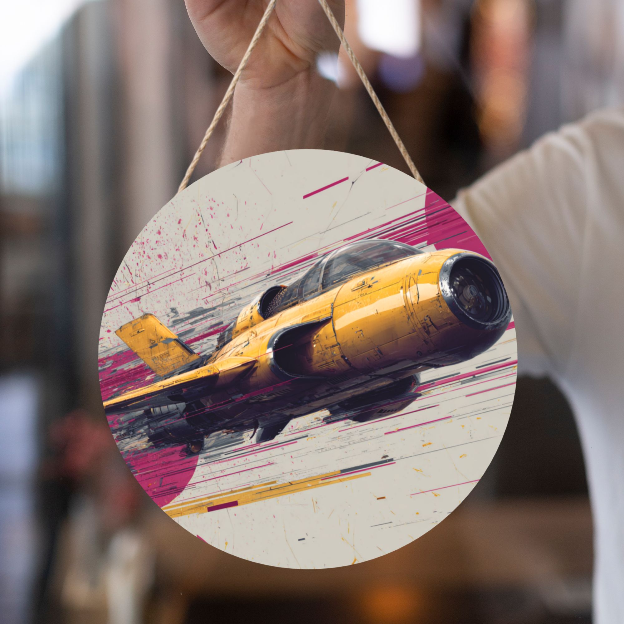 Fighter Jet Round Wooden Wall Art – 12" Aviation Theme Decorative Hanging Panel, Thick Wood Board, Waterproof Finish with Hanging Rope, Modern Home & Office Décor