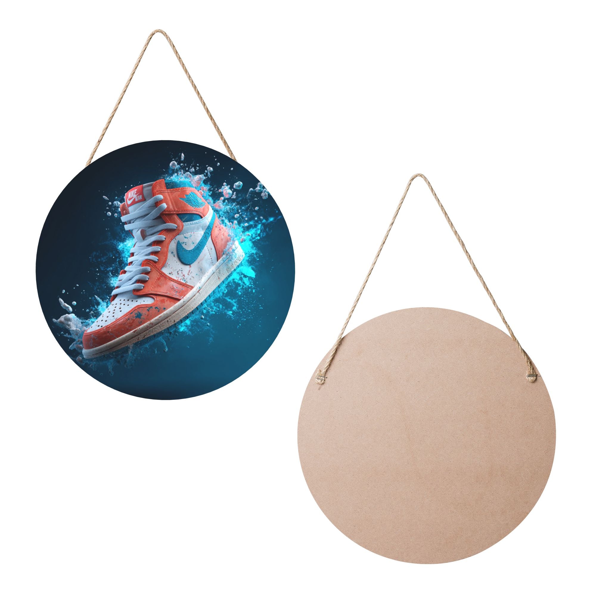 Sneaker Theme Round Wooden Wall Art – 12" Street Style Decorative Hanging Panel, Thick Wood Board, Waterproof Finish with Hanging Rope, Modern Home & Room Décor