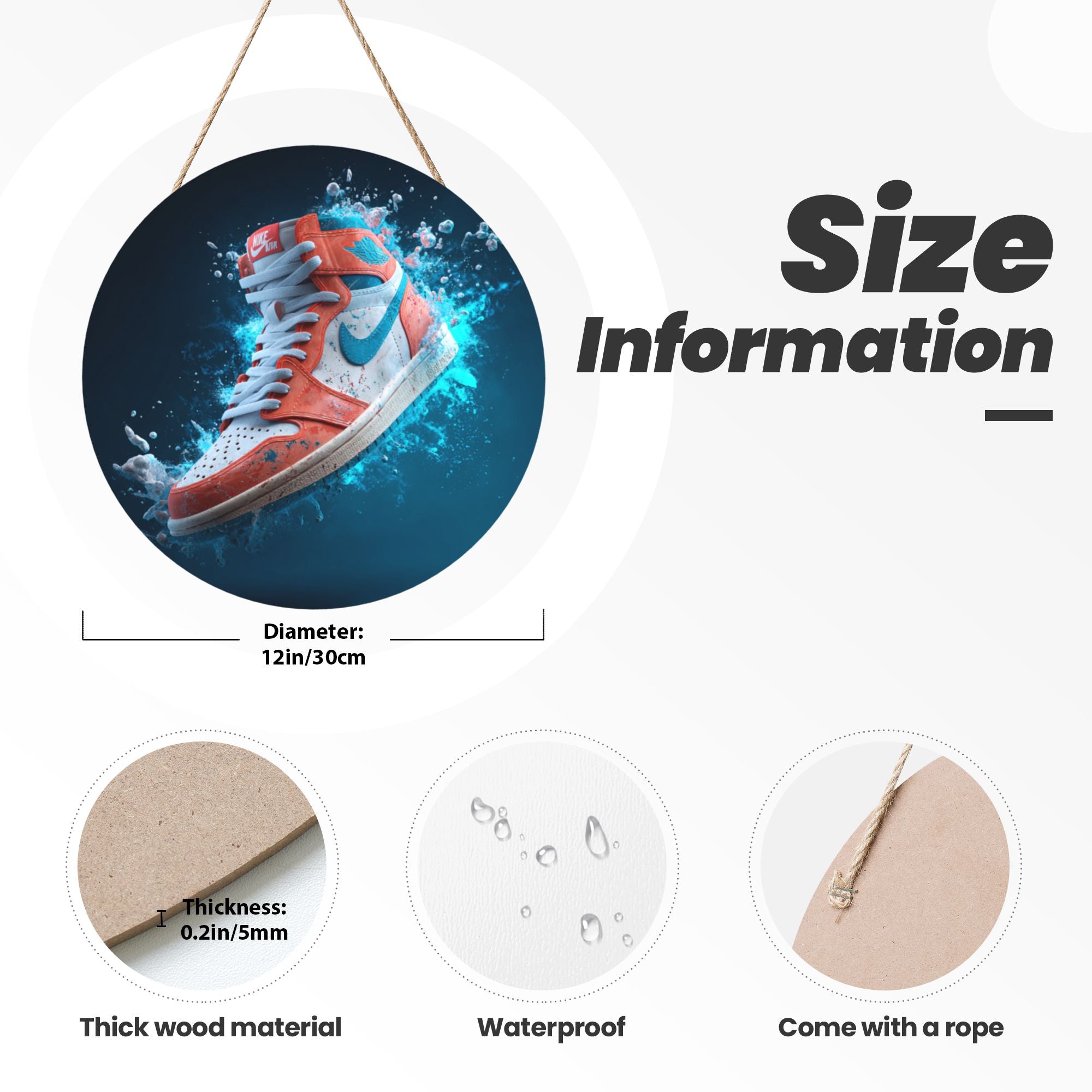 Sneaker Theme Round Wooden Wall Art – 12" Street Style Decorative Hanging Panel, Thick Wood Board, Waterproof Finish with Hanging Rope, Modern Home & Room Décor