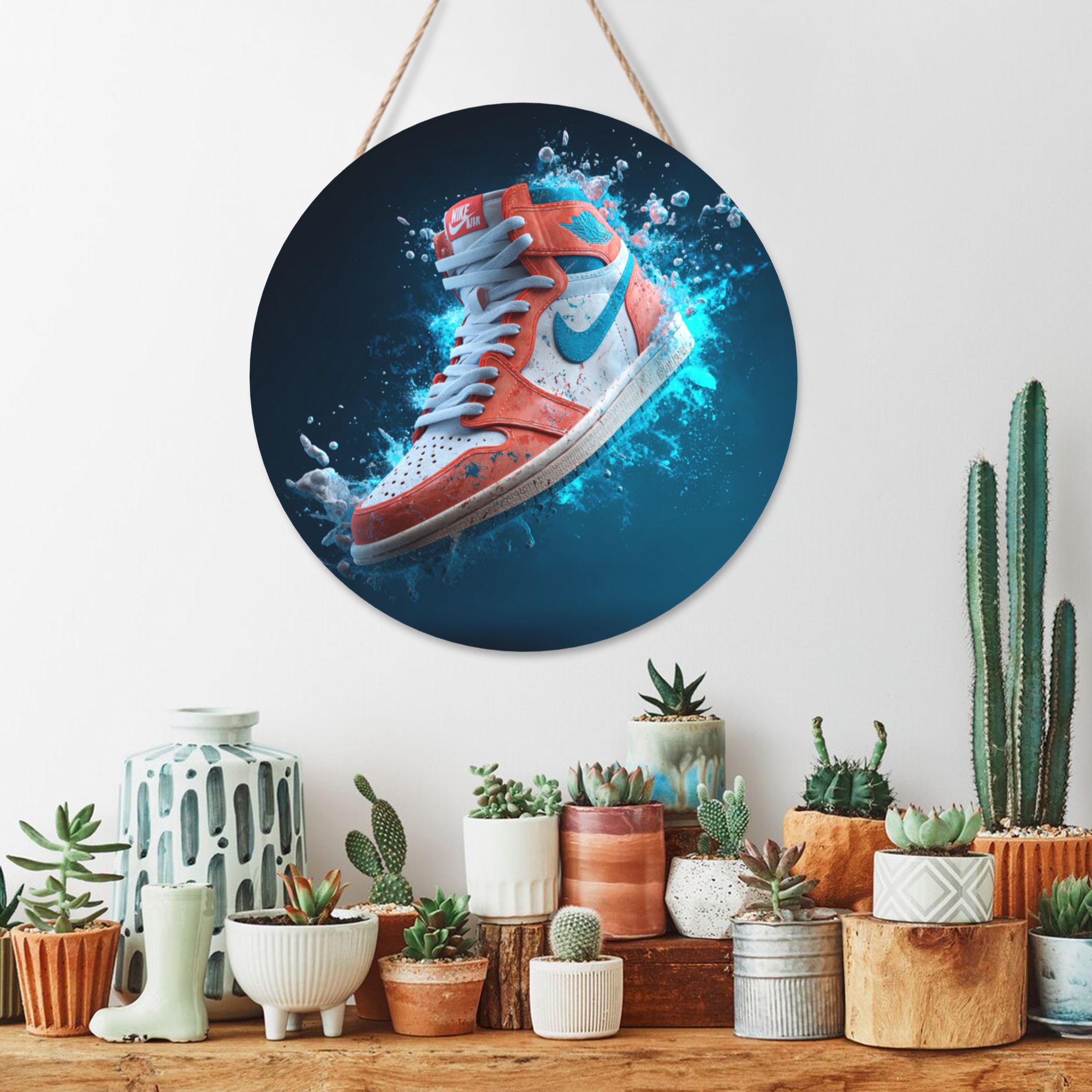 Sneaker Theme Round Wooden Wall Art – 12" Street Style Decorative Hanging Panel, Thick Wood Board, Waterproof Finish with Hanging Rope, Modern Home & Room Décor