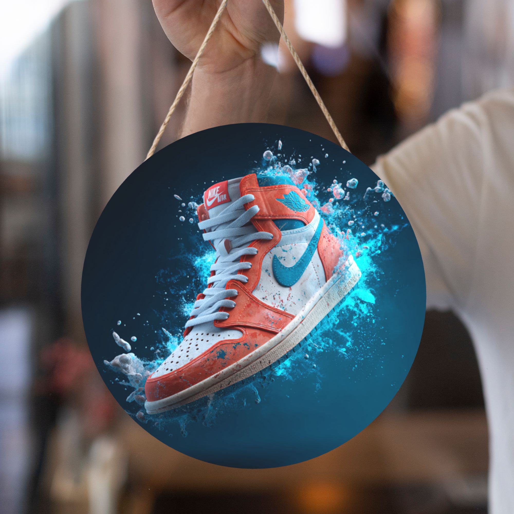 Sneaker Theme Round Wooden Wall Art – 12" Street Style Decorative Hanging Panel, Thick Wood Board, Waterproof Finish with Hanging Rope, Modern Home & Room Décor