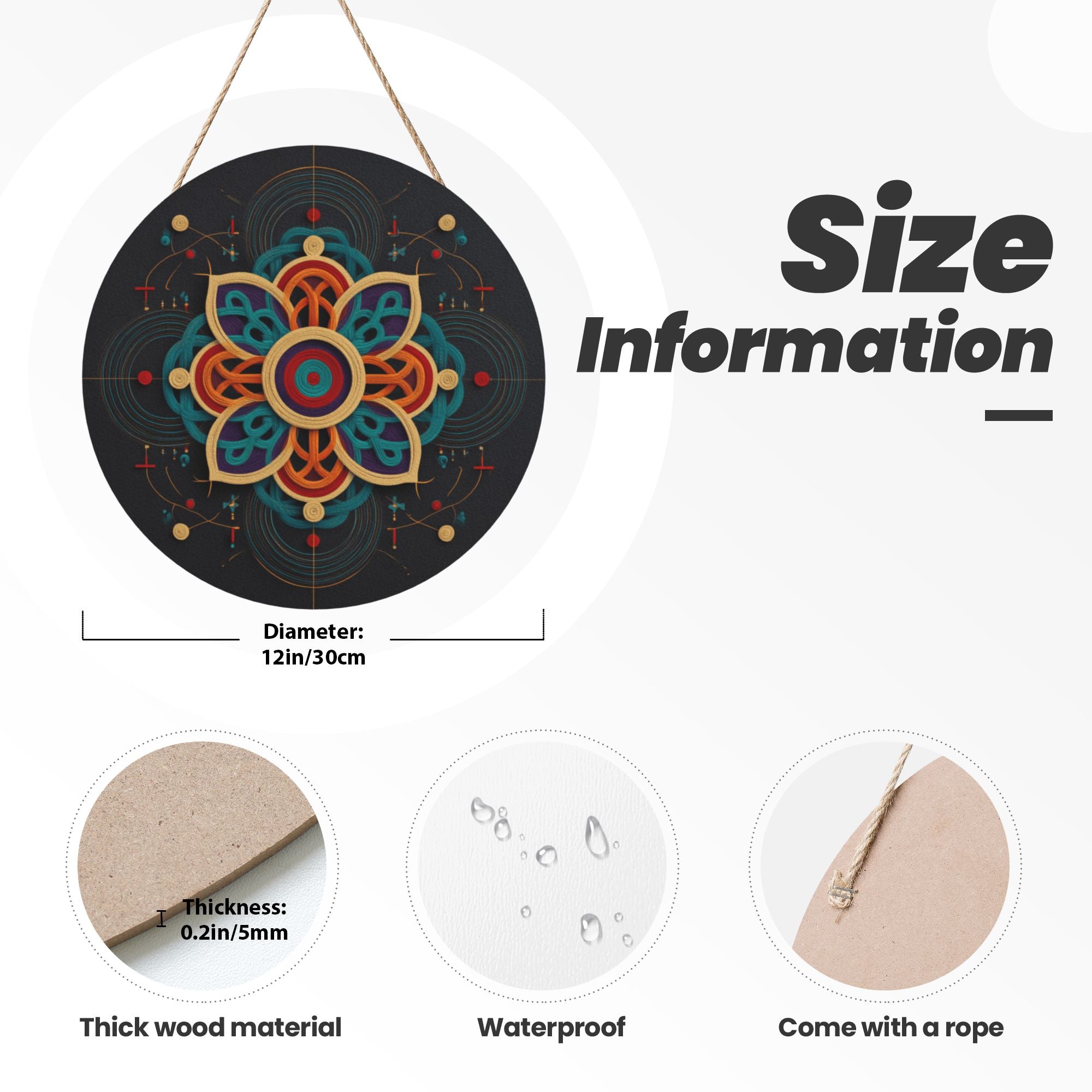 Geometric Mandala Round Wooden Wall Art – 12" Hanging Decorative Panel, Thick Wood Board, Waterproof with Hanging Rope, Ideal for Living Room, Bedroom, Study, or Yoga Space