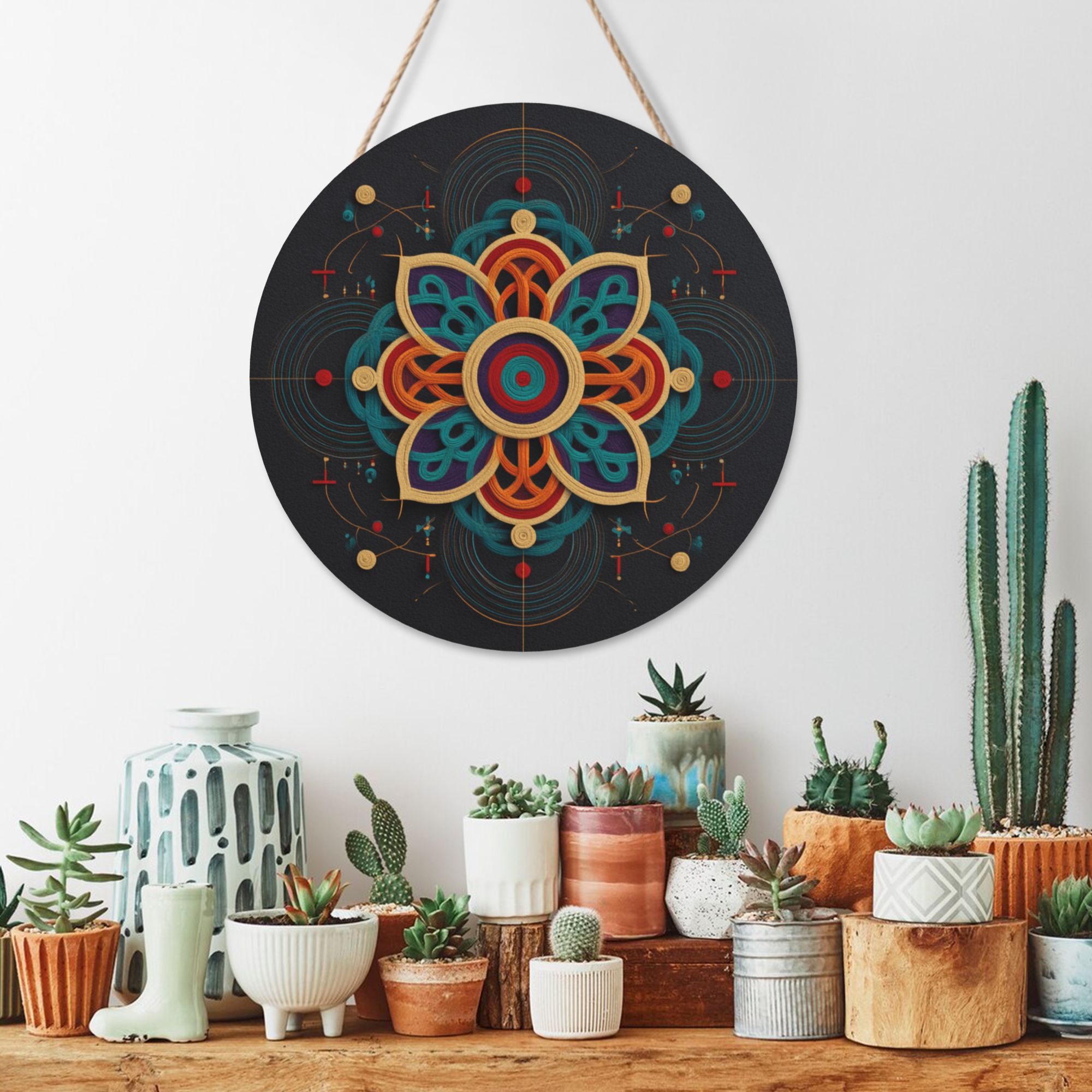 Geometric Mandala Round Wooden Wall Art – 12" Hanging Decorative Panel, Thick Wood Board, Waterproof with Hanging Rope, Ideal for Living Room, Bedroom, Study, or Yoga Space