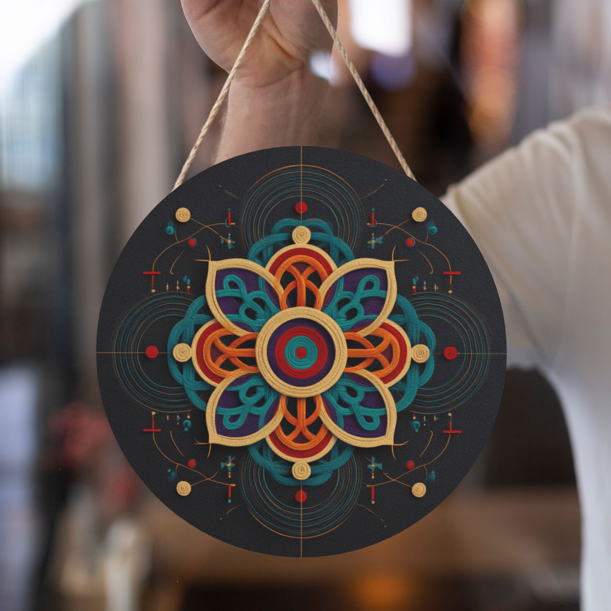 Geometric Mandala Round Wooden Wall Art – 12" Hanging Decorative Panel, Thick Wood Board, Waterproof with Hanging Rope, Ideal for Living Room, Bedroom, Study, or Yoga Space