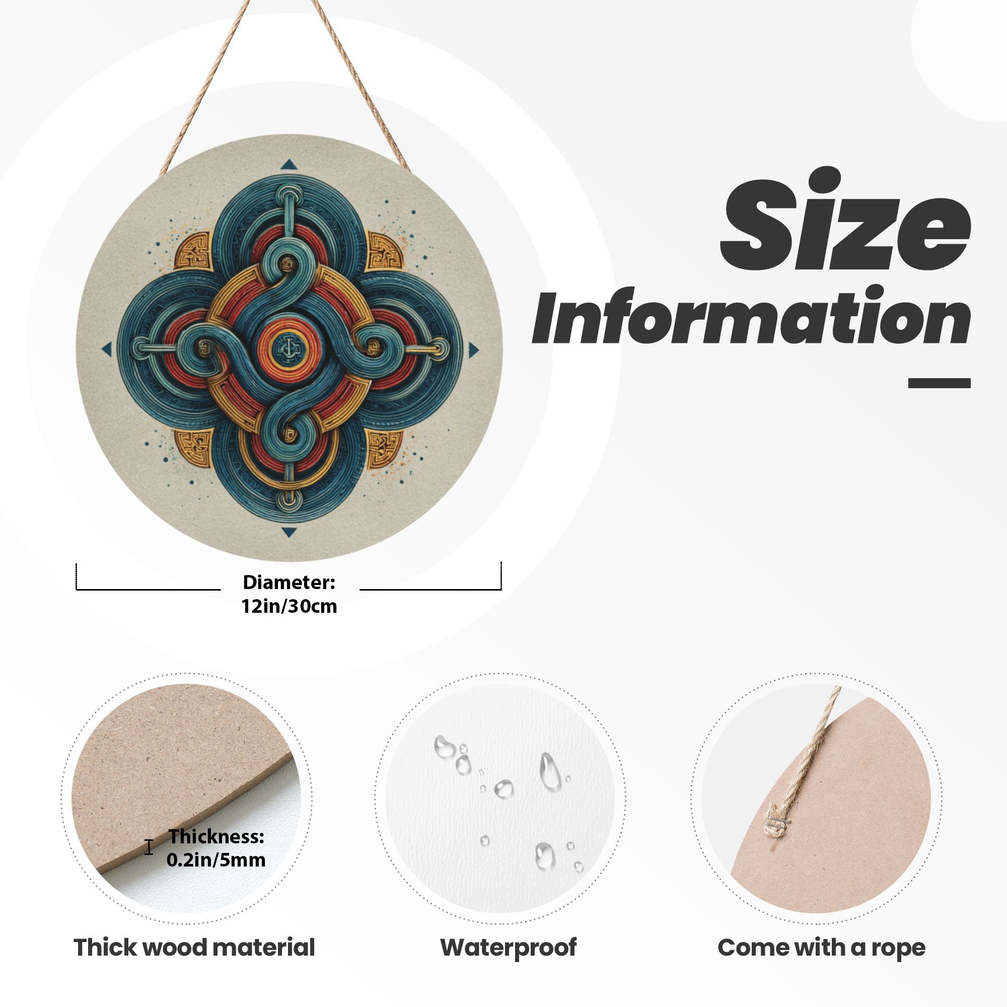 Vintage Geometric Round Wooden Wall Art – 12" Hanging Decorative Panel, Thick Wood Board, Waterproof with Hanging Rope, Ideal for Living Room, Bedroom, Study, or Entryway Décor