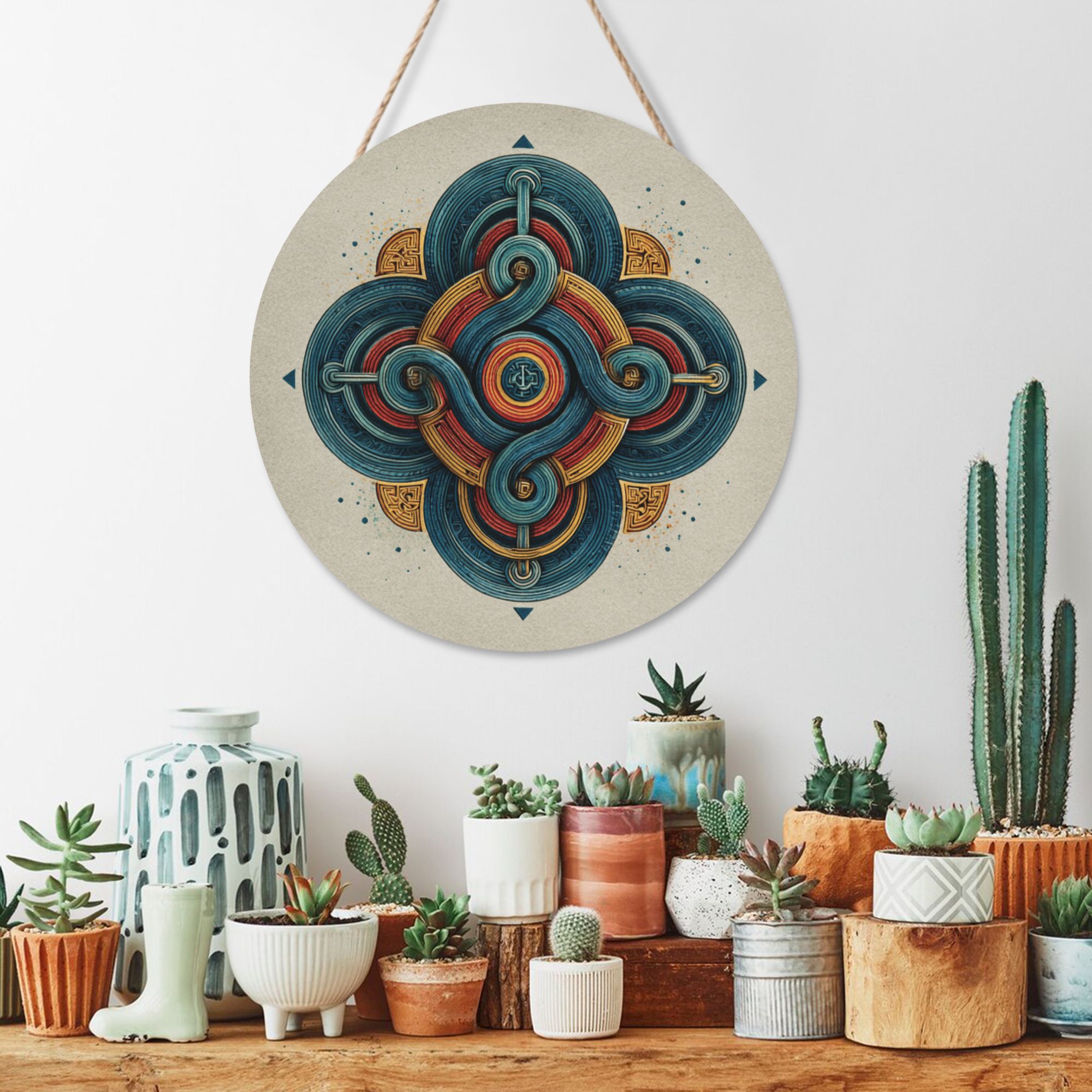 Vintage Geometric Round Wooden Wall Art – 12" Hanging Decorative Panel, Thick Wood Board, Waterproof with Hanging Rope, Ideal for Living Room, Bedroom, Study, or Entryway Décor