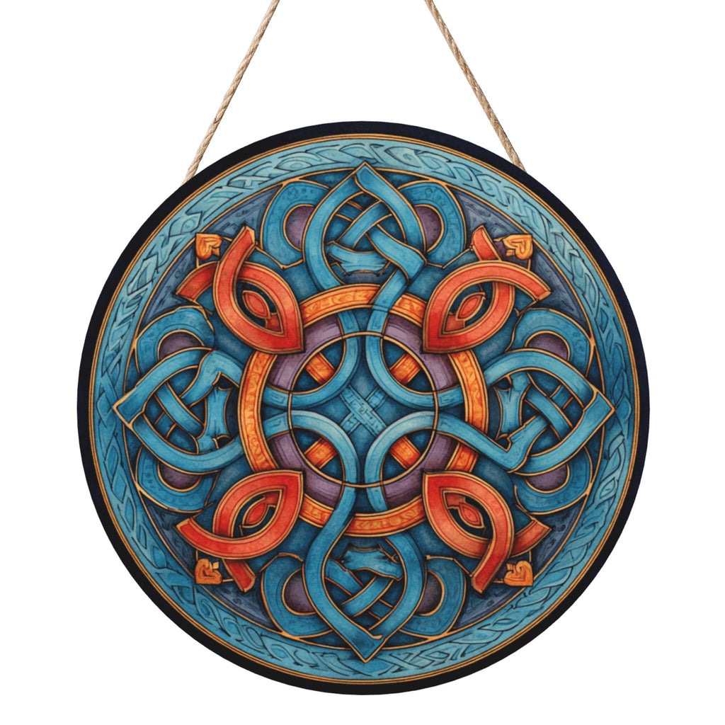 Celtic Style Geometric Round Wooden Wall Art – 12" Decorative Hanging Panel, Thick Wood Board, Waterproof Finish with Rope, Perfect for Home, Living Room, or Meditation Décor