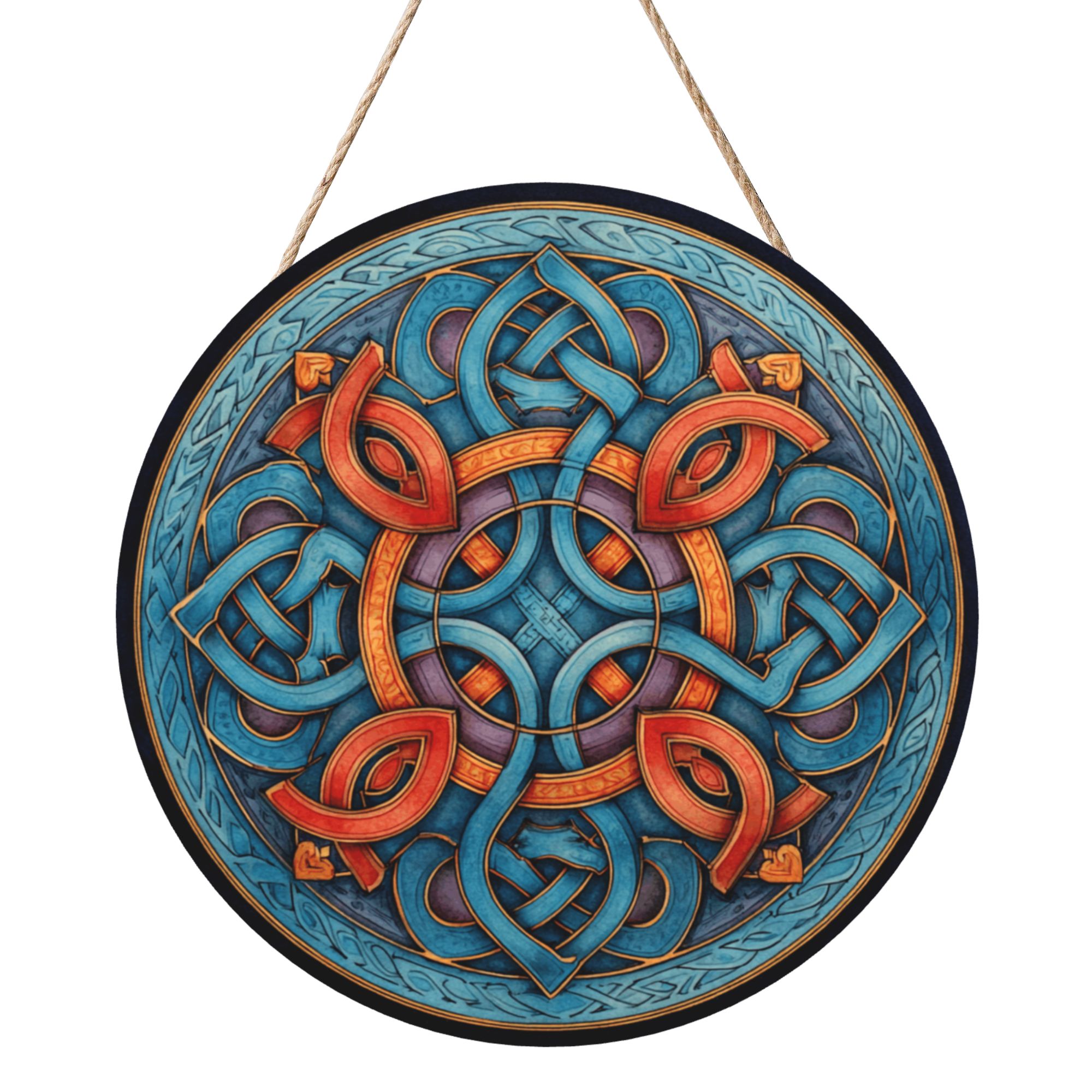 Celtic Style Geometric Round Wooden Wall Art – 12" Decorative Hanging Panel, Thick Wood Board, Waterproof Finish with Rope, Perfect for Home, Living Room, or Meditation Décor