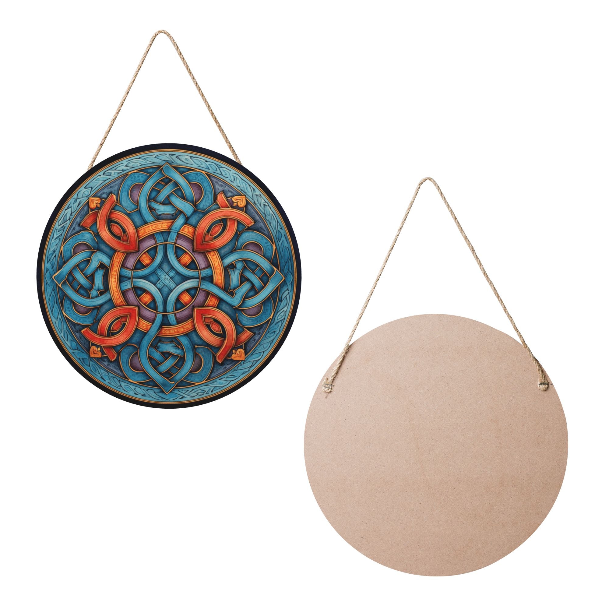 Celtic Style Geometric Round Wooden Wall Art – 12" Decorative Hanging Panel, Thick Wood Board, Waterproof Finish with Rope, Perfect for Home, Living Room, or Meditation Décor
