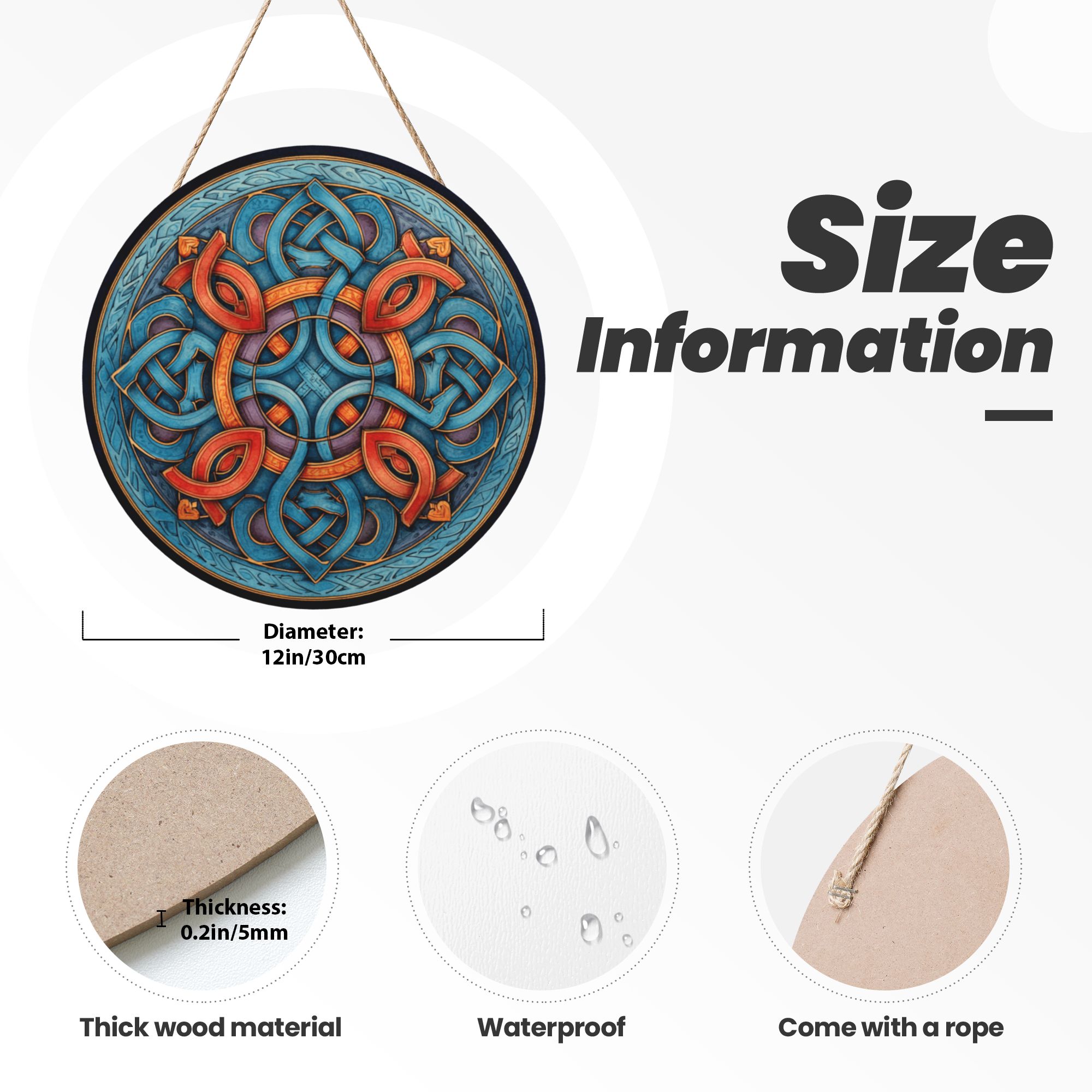 Celtic Style Geometric Round Wooden Wall Art – 12" Decorative Hanging Panel, Thick Wood Board, Waterproof Finish with Rope, Perfect for Home, Living Room, or Meditation Décor