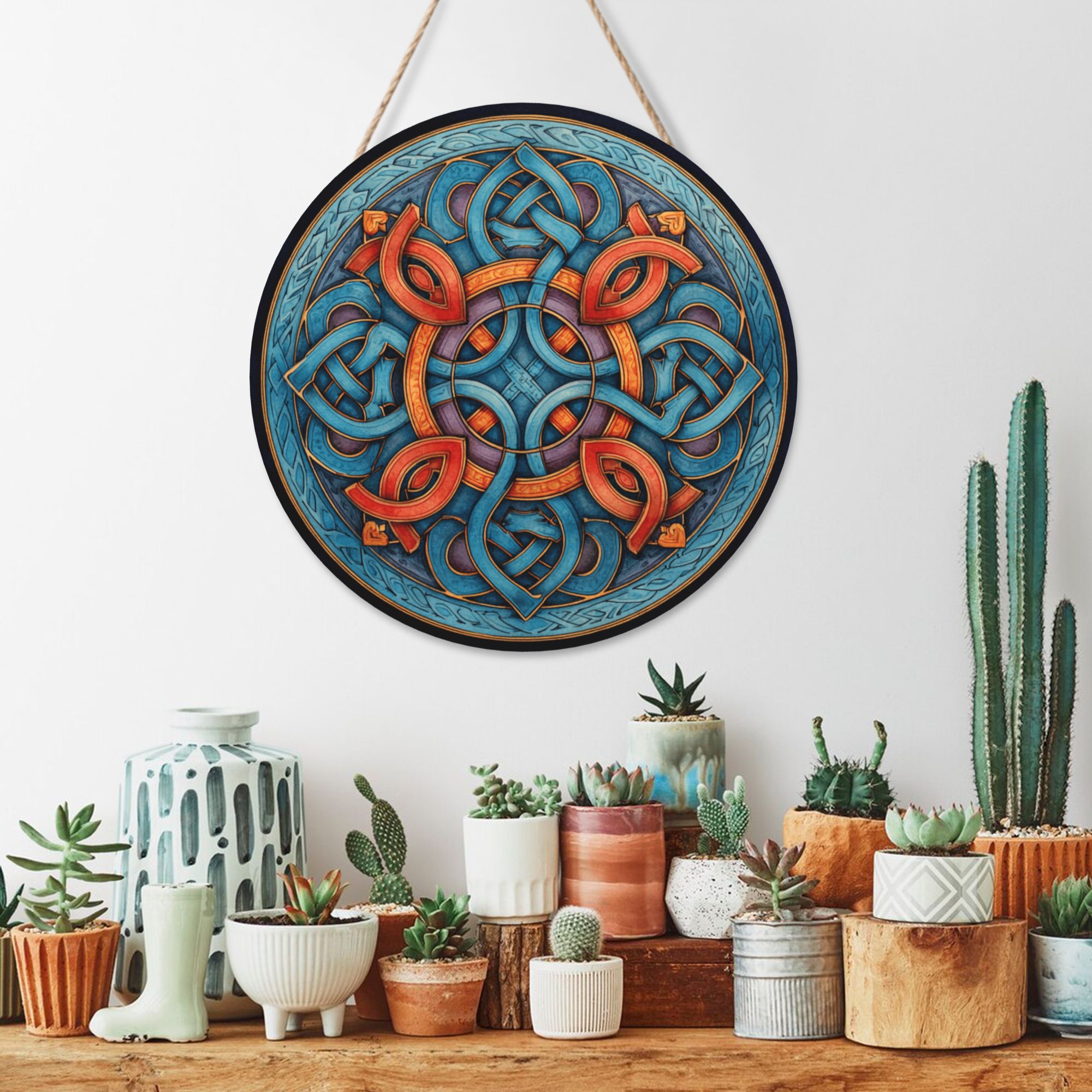 Celtic Style Geometric Round Wooden Wall Art – 12" Decorative Hanging Panel, Thick Wood Board, Waterproof Finish with Rope, Perfect for Home, Living Room, or Meditation Décor