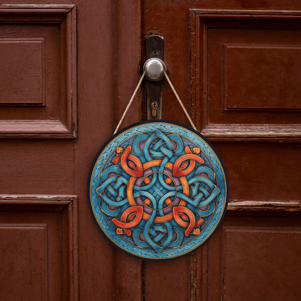 Celtic Style Geometric Round Wooden Wall Art – 12" Decorative Hanging Panel, Thick Wood Board, Waterproof Finish with Rope, Perfect for Home, Living Room, or Meditation Décor