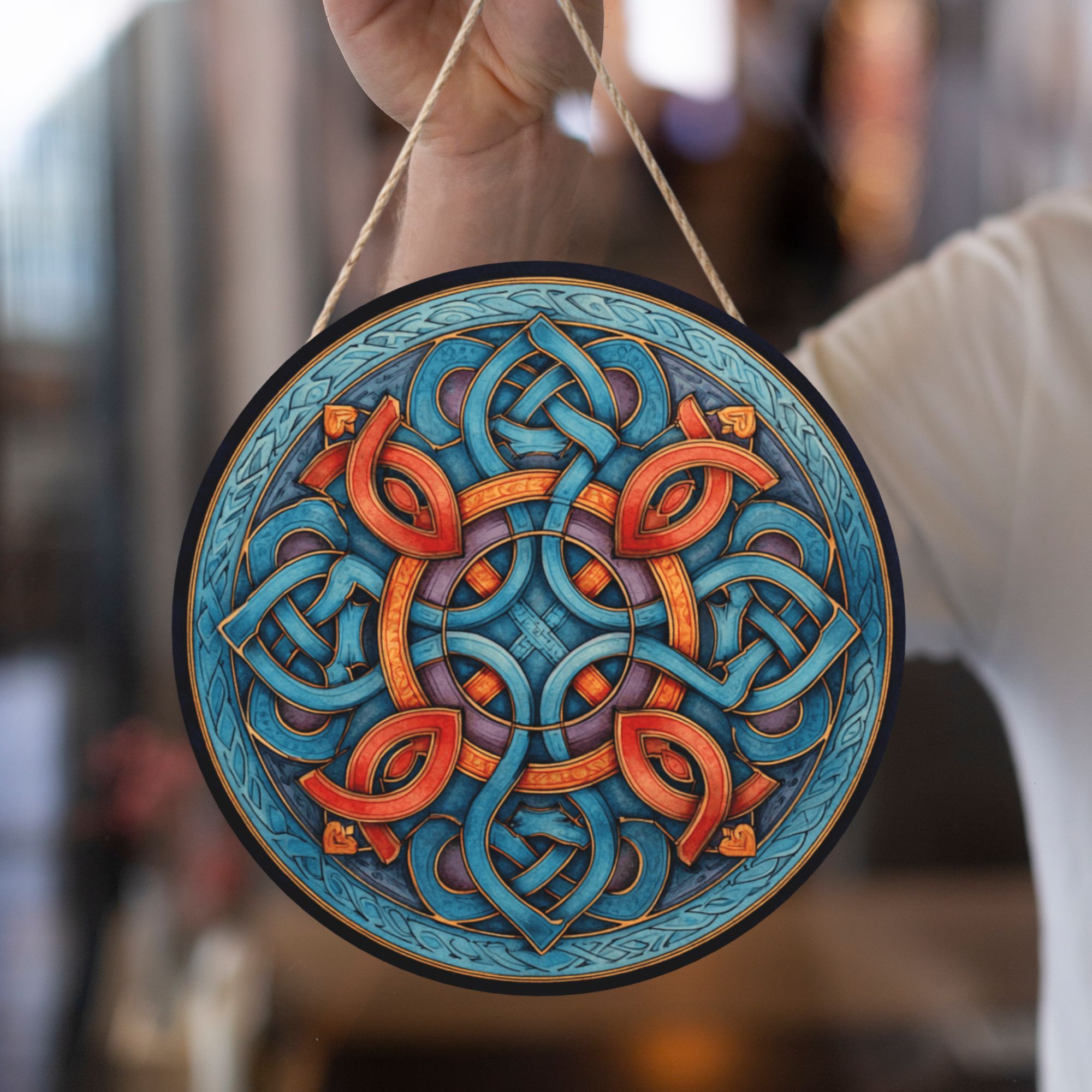 Celtic Style Geometric Round Wooden Wall Art – 12" Decorative Hanging Panel, Thick Wood Board, Waterproof Finish with Rope, Perfect for Home, Living Room, or Meditation Décor