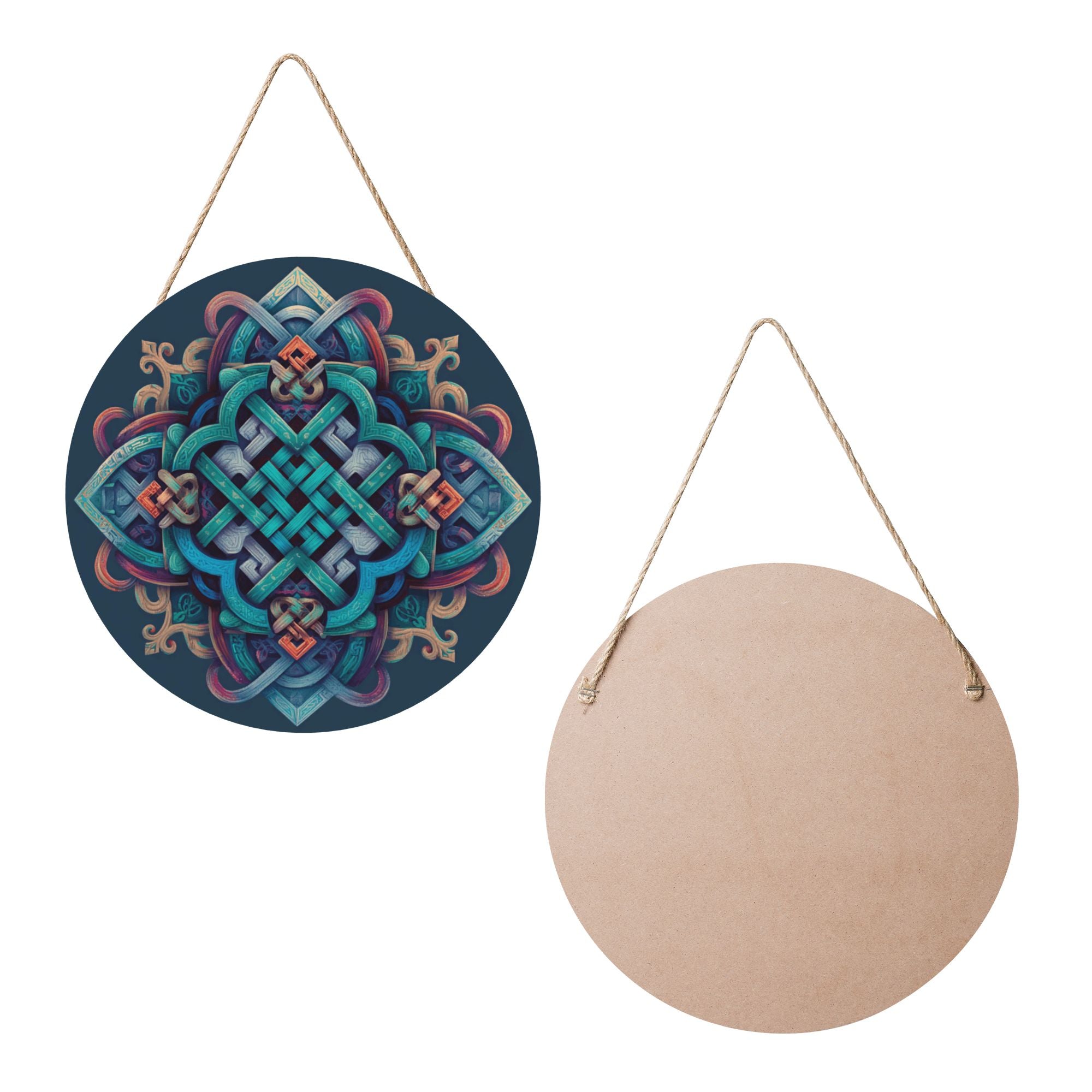 Celtic Knot Geometric Round Wooden Wall Art – 12" Decorative Hanging Panel, Thick Wood Board, Waterproof Finish with Rope, Artistic Home and Meditation Décor
