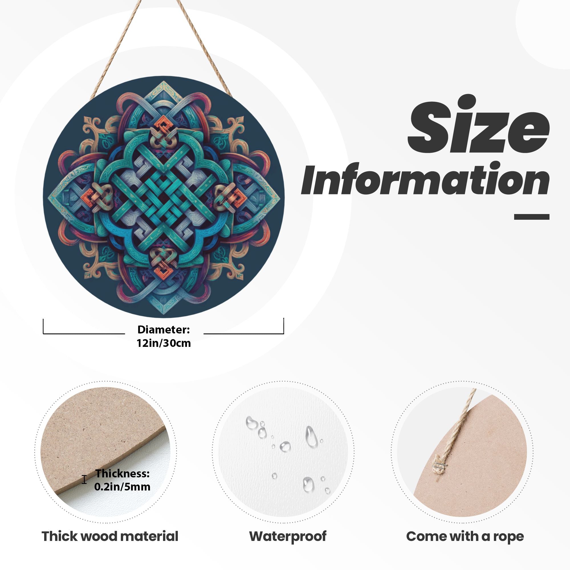 Celtic Knot Geometric Round Wooden Wall Art – 12" Decorative Hanging Panel, Thick Wood Board, Waterproof Finish with Rope, Artistic Home and Meditation Décor