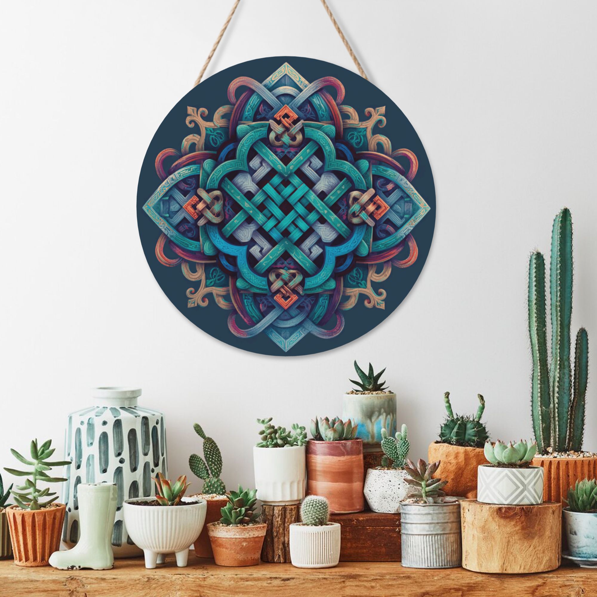 Celtic Knot Geometric Round Wooden Wall Art – 12" Decorative Hanging Panel, Thick Wood Board, Waterproof Finish with Rope, Artistic Home and Meditation Décor