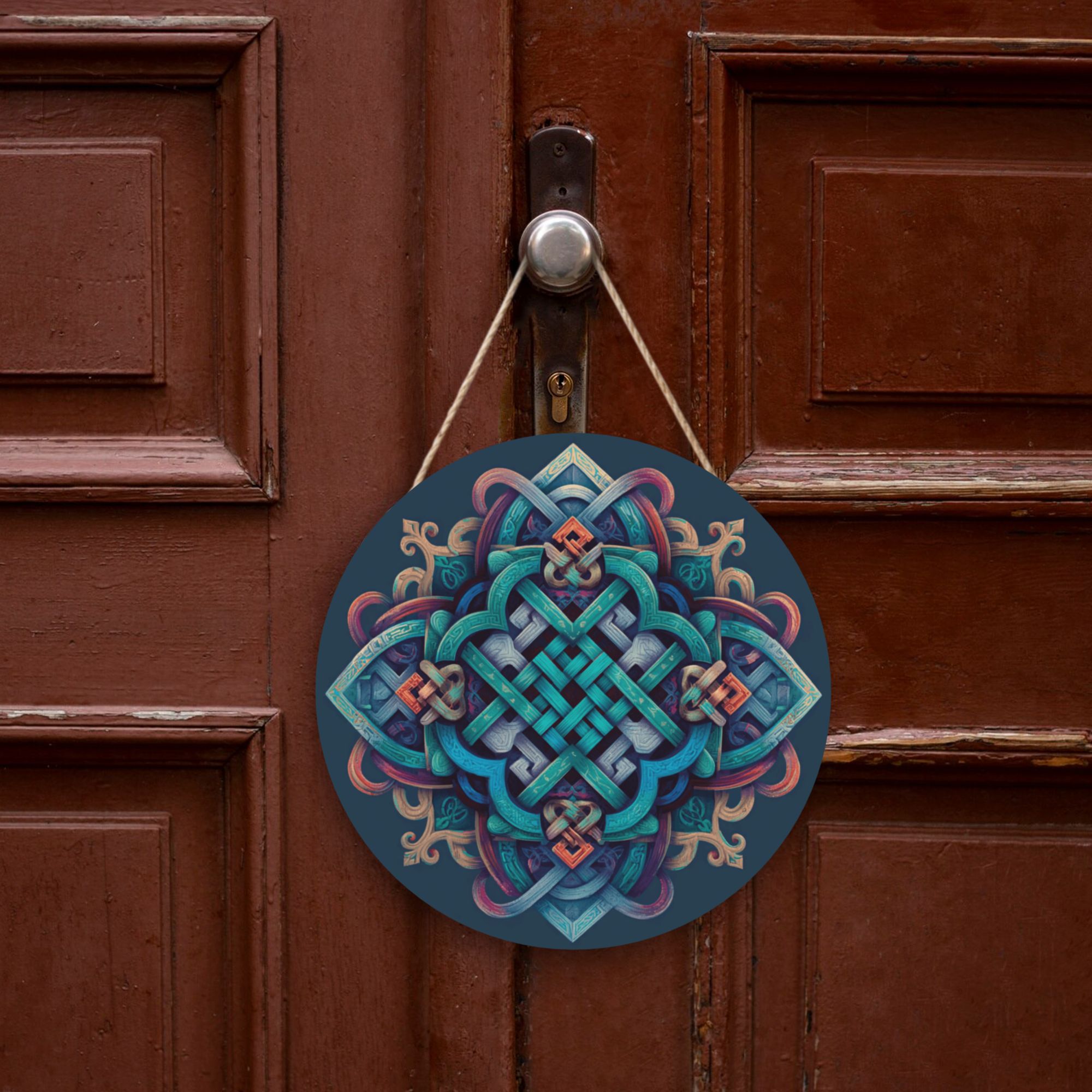 Celtic Knot Geometric Round Wooden Wall Art – 12" Decorative Hanging Panel, Thick Wood Board, Waterproof Finish with Rope, Artistic Home and Meditation Décor