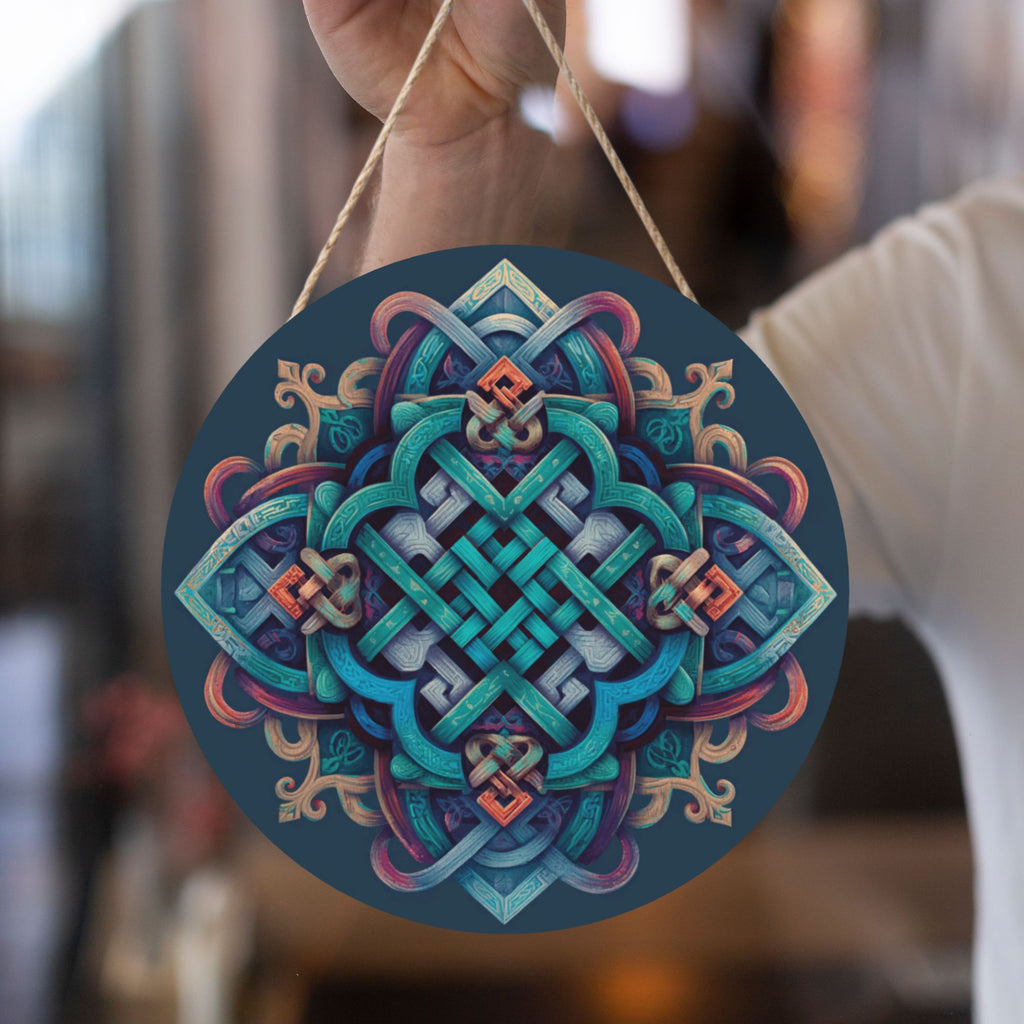 Celtic Knot Geometric Round Wooden Wall Art – 12" Decorative Hanging Panel, Thick Wood Board, Waterproof Finish with Rope, Artistic Home and Meditation Décor