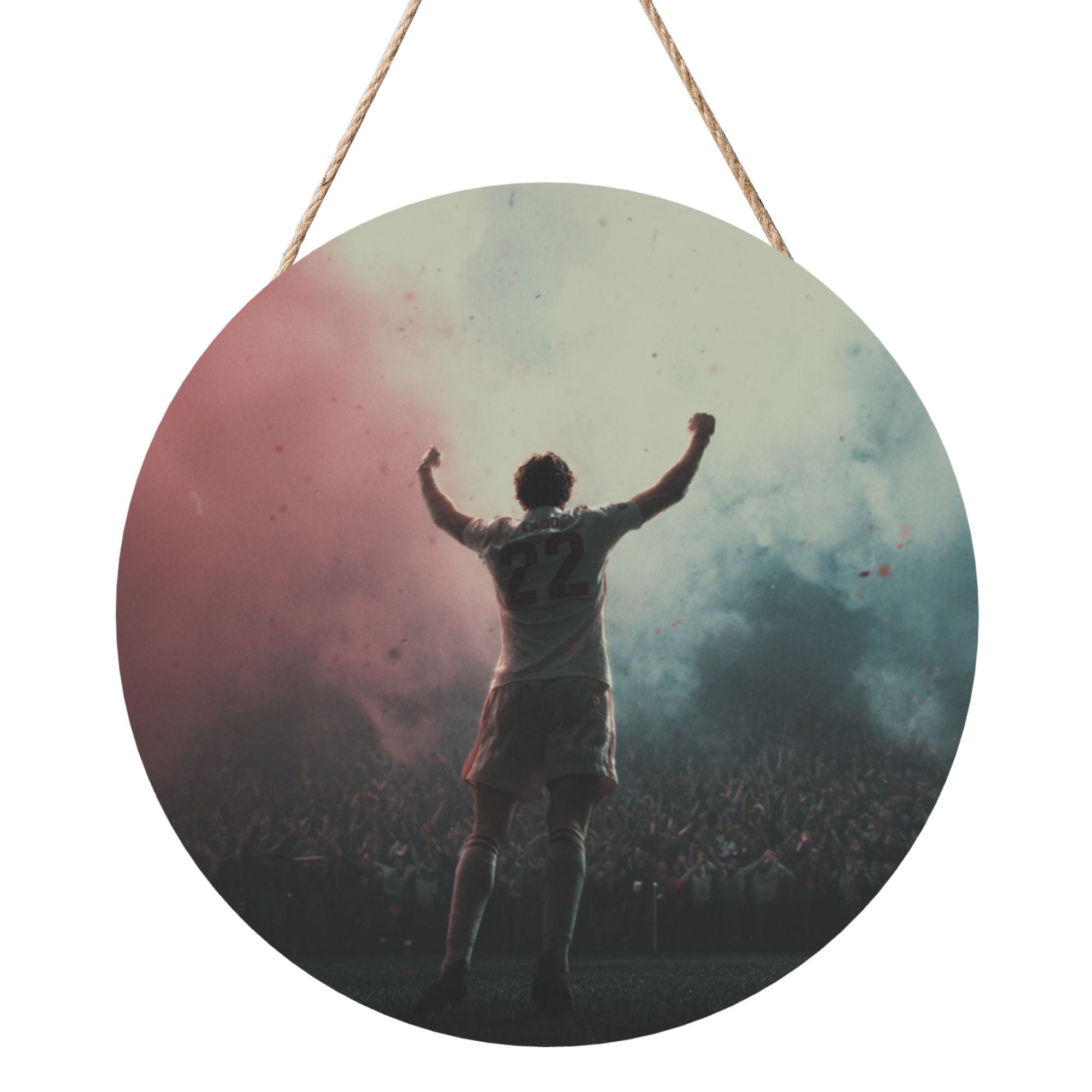 Athlete Victory Celebration Round Wooden Wall Art – 12" Sports-Inspired Hanging Panel, Thick Wood Board, Waterproof Finish with Rope, Motivational Home & Gym Décor
