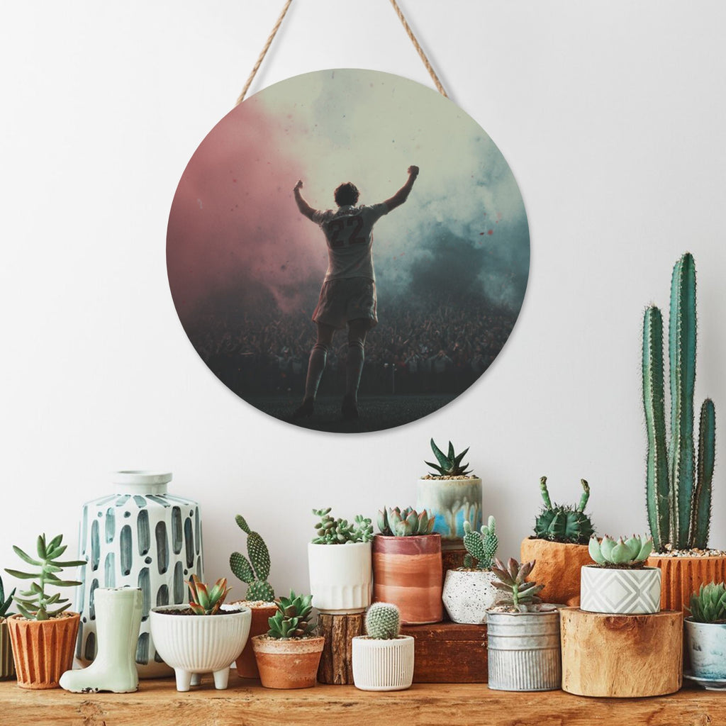 Athlete Victory Celebration Round Wooden Wall Art – 12" Sports-Inspired Hanging Panel, Thick Wood Board, Waterproof Finish with Rope, Motivational Home & Gym Décor