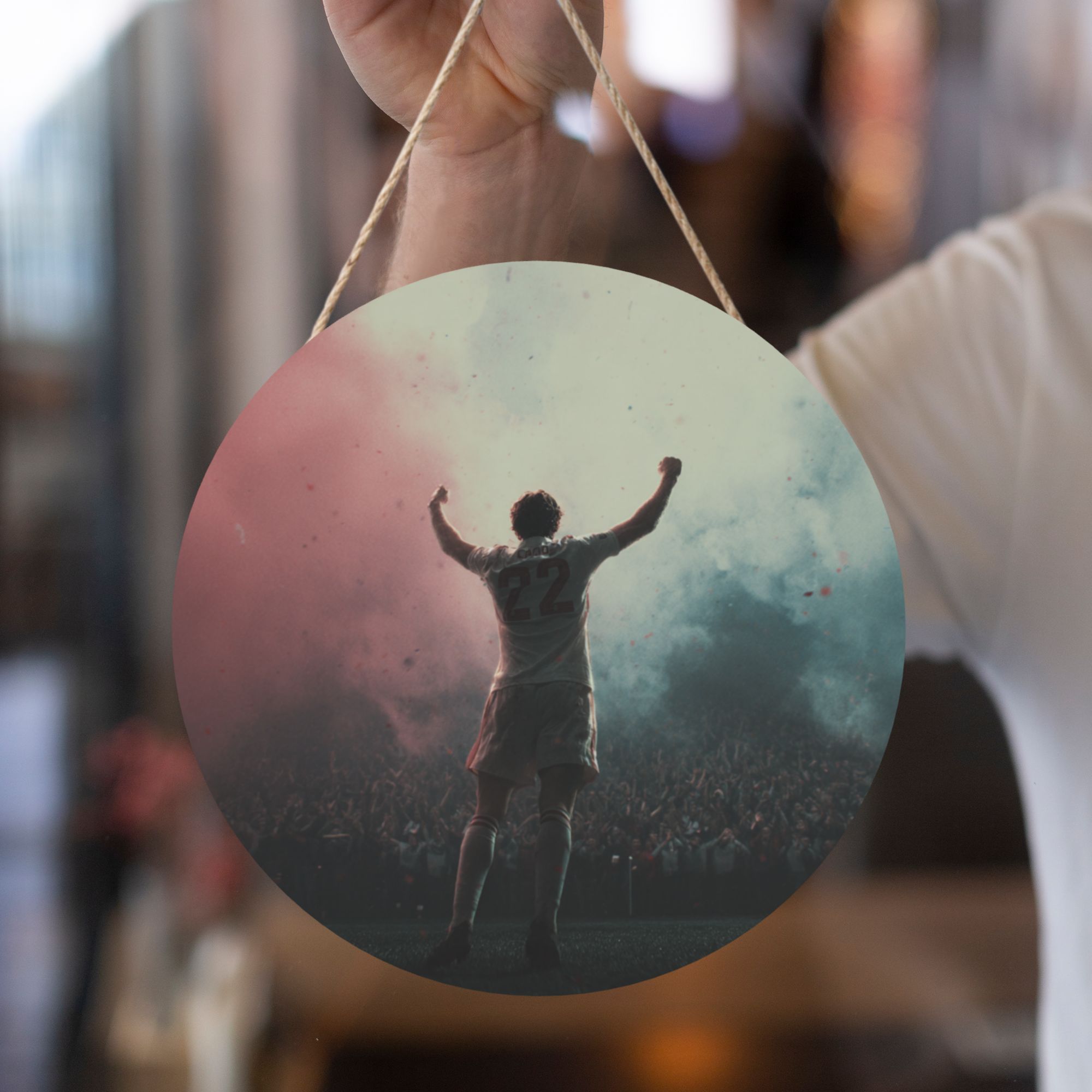 Athlete Victory Celebration Round Wooden Wall Art – 12" Sports-Inspired Hanging Panel, Thick Wood Board, Waterproof Finish with Rope, Motivational Home & Gym Décor