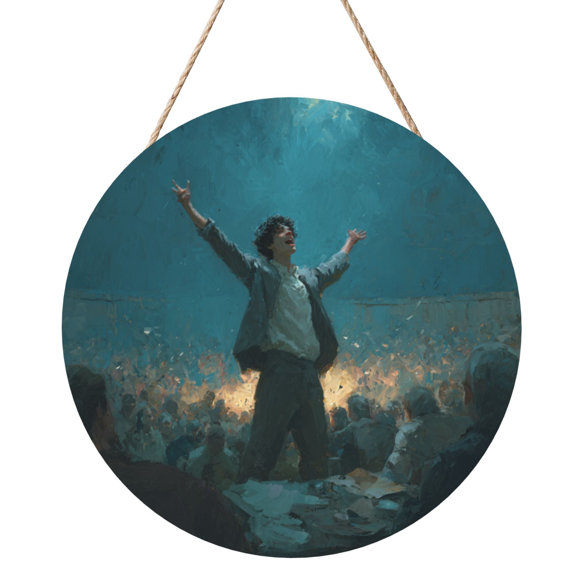Performer Celebration Round Wooden Wall Art – 12" Artistic Hanging Panel, Thick Wood Board, Waterproof Finish with Rope, Home & Café Decorative Artwork
