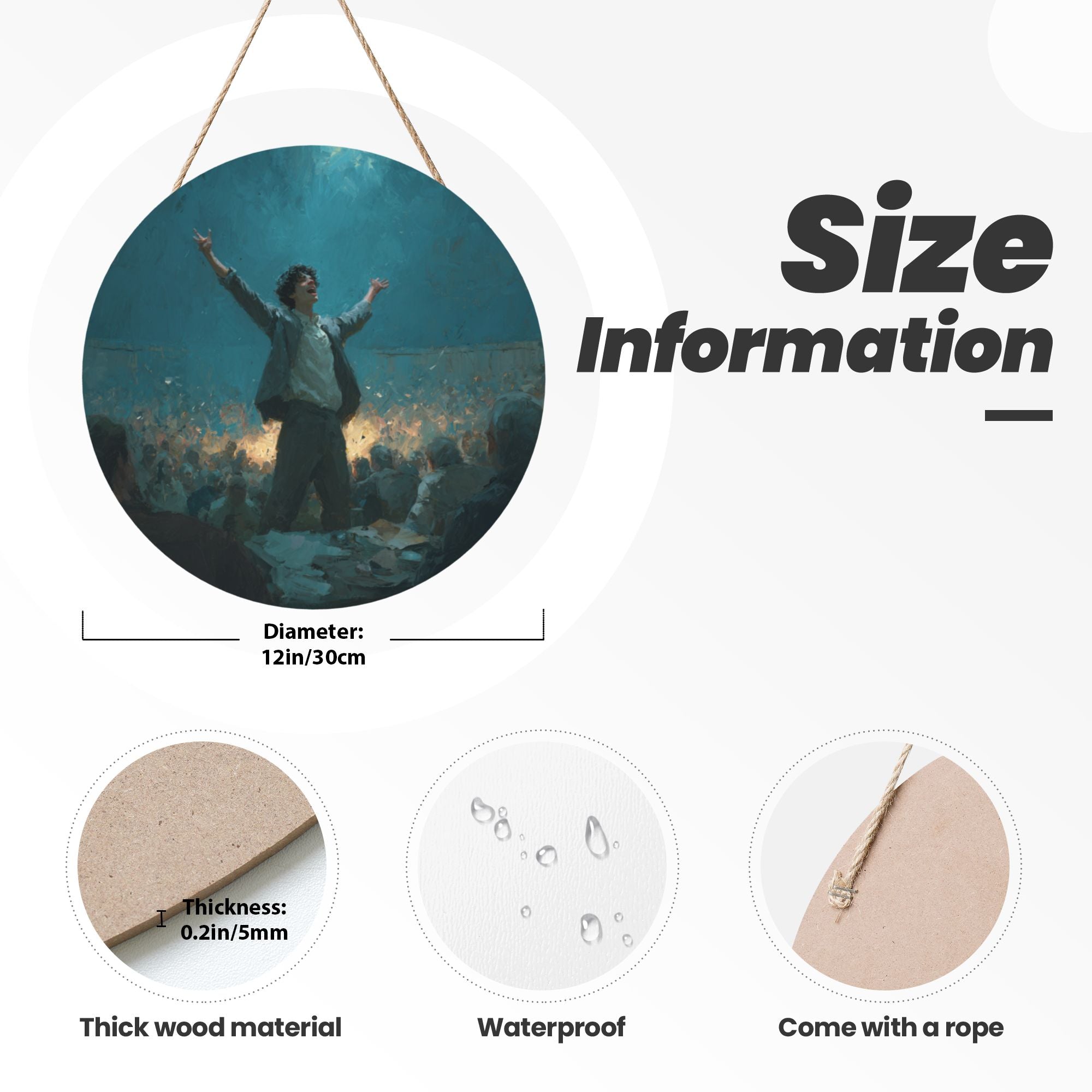 Performer Celebration Round Wooden Wall Art – 12" Artistic Hanging Panel, Thick Wood Board, Waterproof Finish with Rope, Home & Café Decorative Artwork