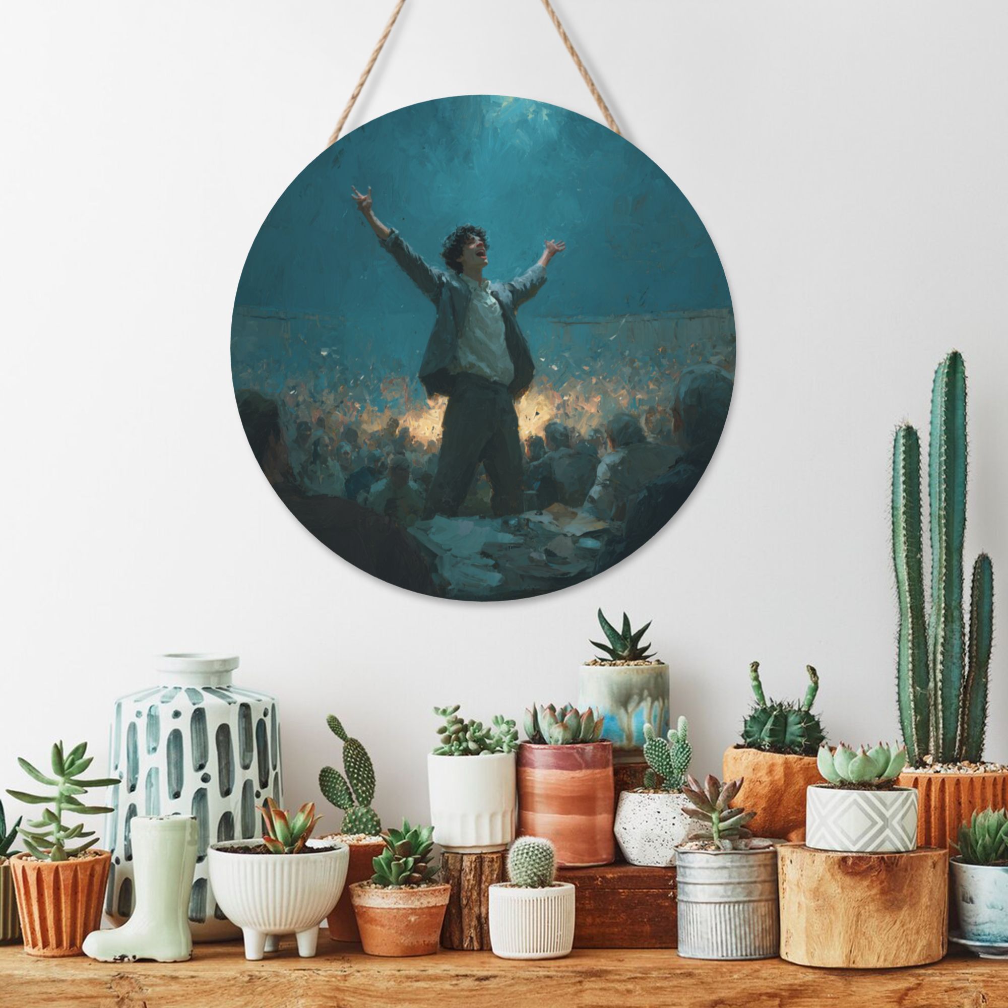Performer Celebration Round Wooden Wall Art – 12" Artistic Hanging Panel, Thick Wood Board, Waterproof Finish with Rope, Home & Café Decorative Artwork