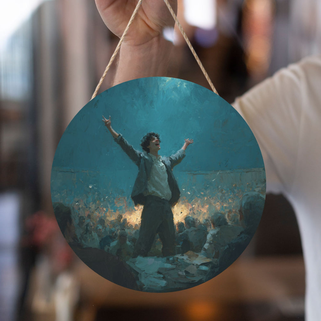 Performer Celebration Round Wooden Wall Art – 12" Artistic Hanging Panel, Thick Wood Board, Waterproof Finish with Rope, Home & Café Decorative Artwork