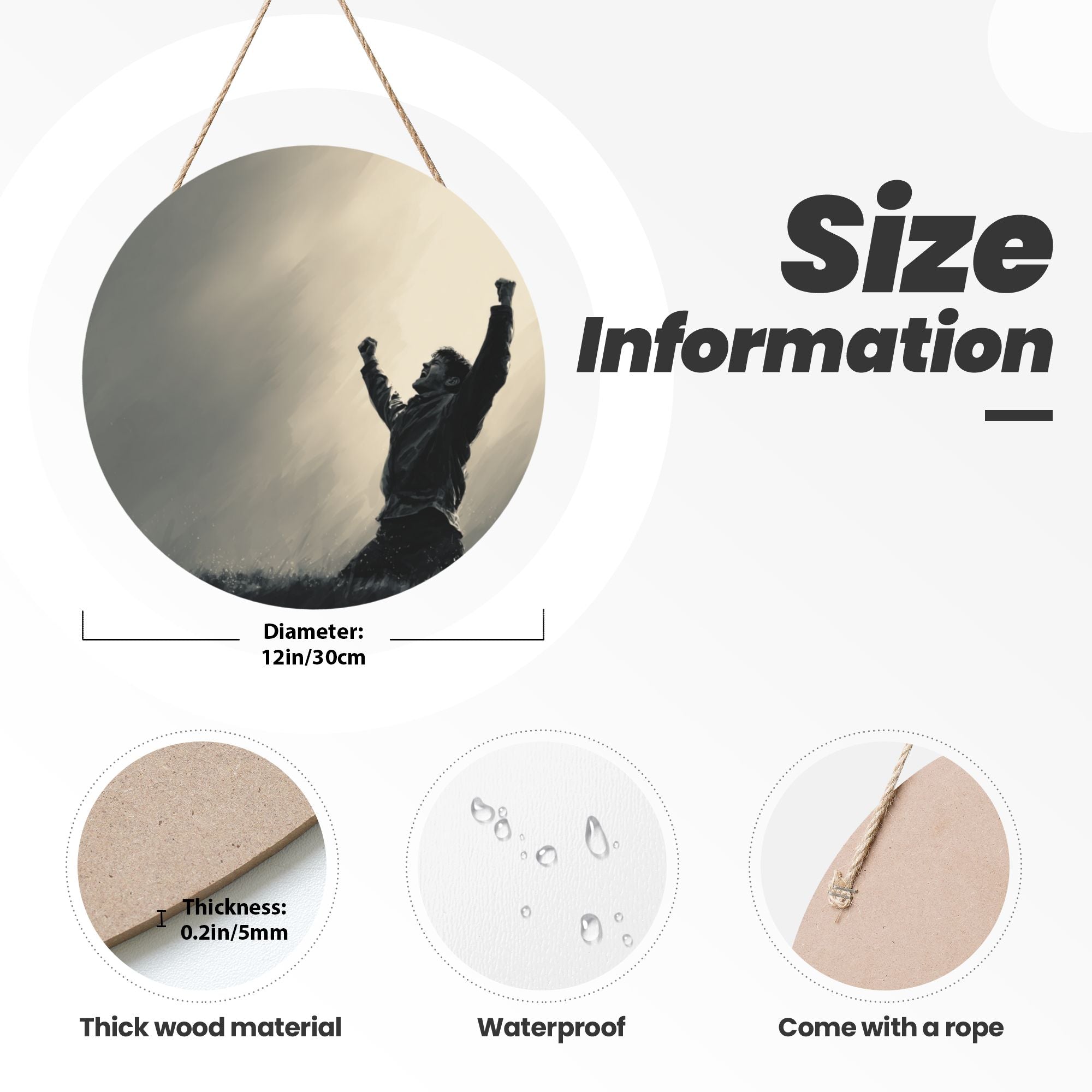 Victory Celebration Round Wooden Wall Art – 12" Inspirational Hanging Panel, Durable Thick Wood, Waterproof Finish with Rope, Perfect for Home, Office & Gym Decor