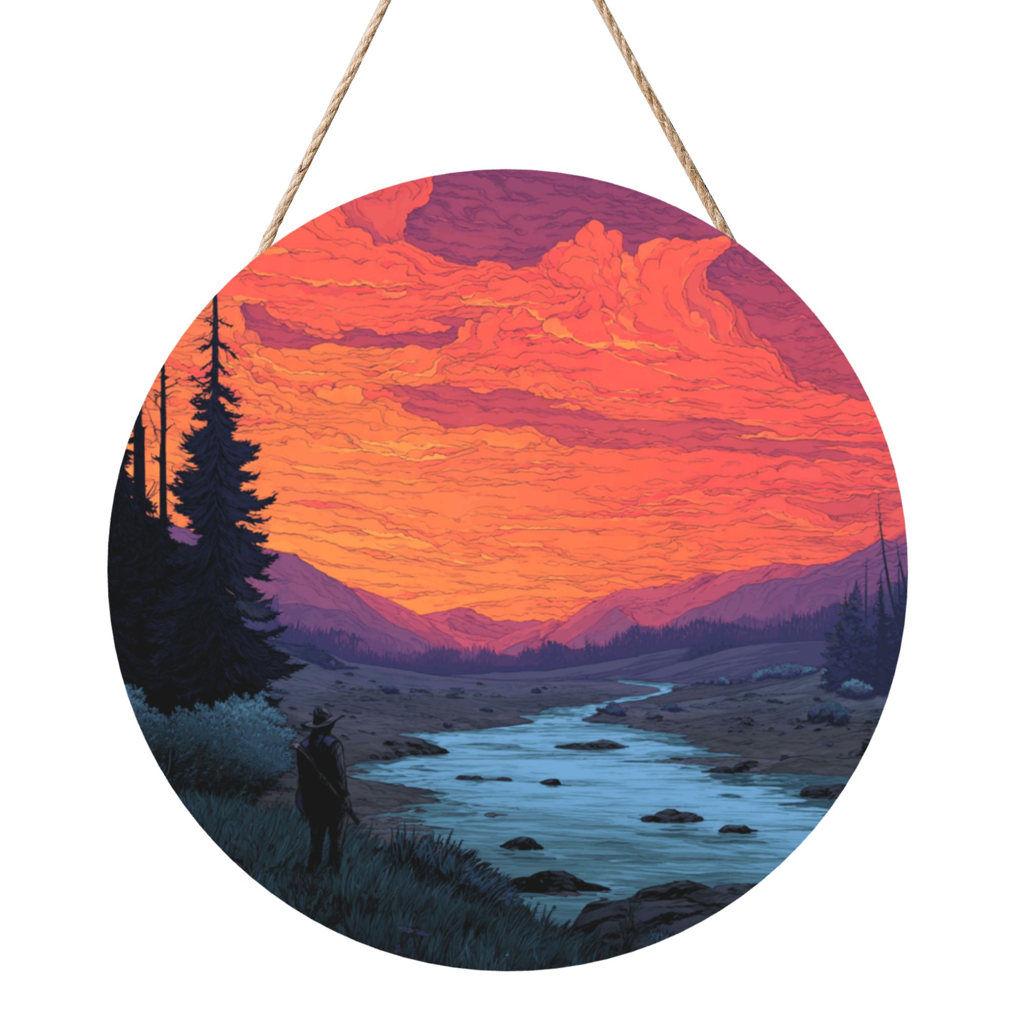 Sunset Landscape Round Wooden Wall Art – 12" Decorative Hanging Panel, Thick Durable Wood, Waterproof Finish with Rope, Ideal for Living Room, Bedroom & Study Décor
