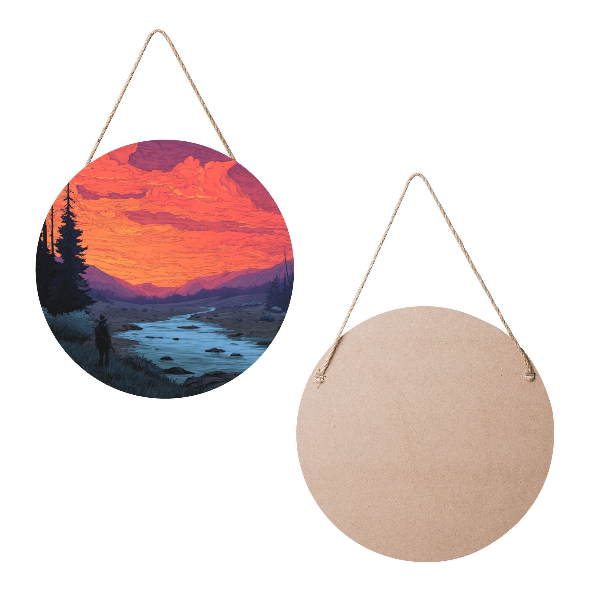 Sunset Landscape Round Wooden Wall Art – 12" Decorative Hanging Panel, Thick Durable Wood, Waterproof Finish with Rope, Ideal for Living Room, Bedroom & Study Décor