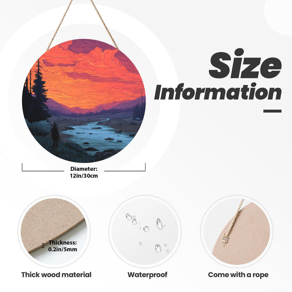 Sunset Landscape Round Wooden Wall Art – 12" Decorative Hanging Panel, Thick Durable Wood, Waterproof Finish with Rope, Ideal for Living Room, Bedroom & Study Décor