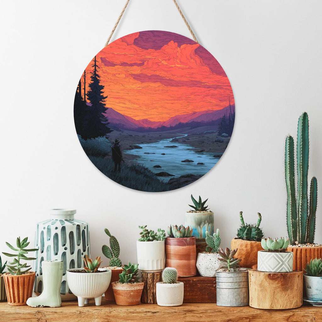 Sunset Landscape Round Wooden Wall Art – 12" Decorative Hanging Panel, Thick Durable Wood, Waterproof Finish with Rope, Ideal for Living Room, Bedroom & Study Décor