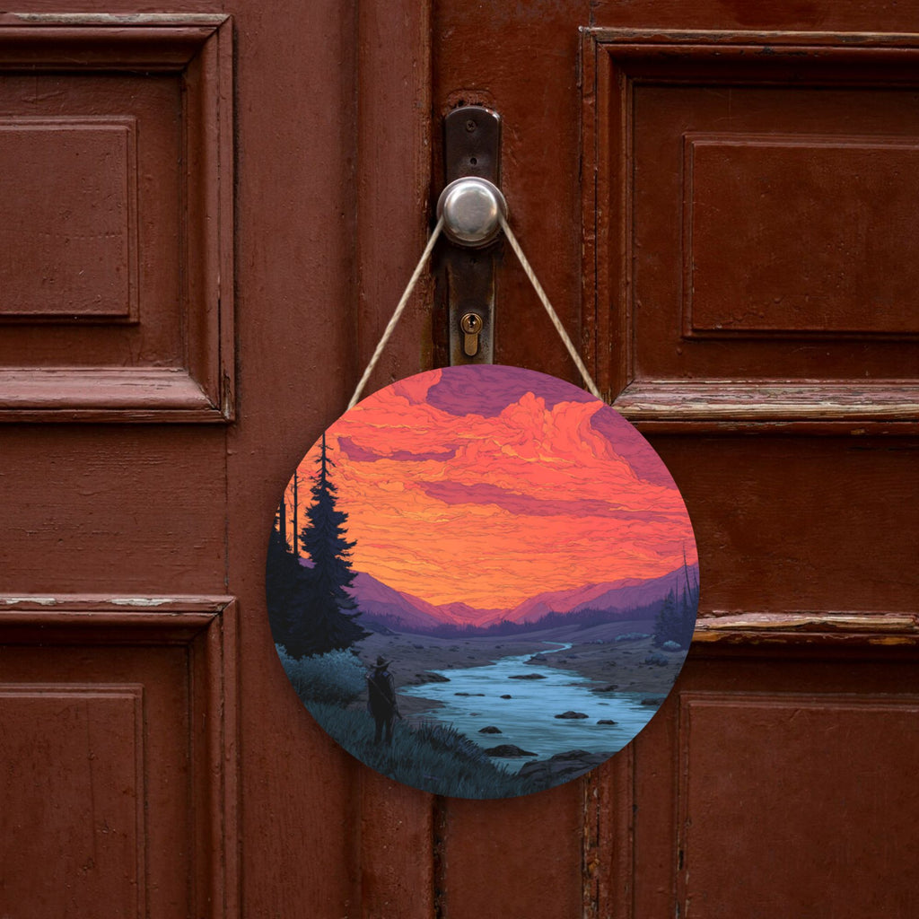 Sunset Landscape Round Wooden Wall Art – 12" Decorative Hanging Panel, Thick Durable Wood, Waterproof Finish with Rope, Ideal for Living Room, Bedroom & Study Décor