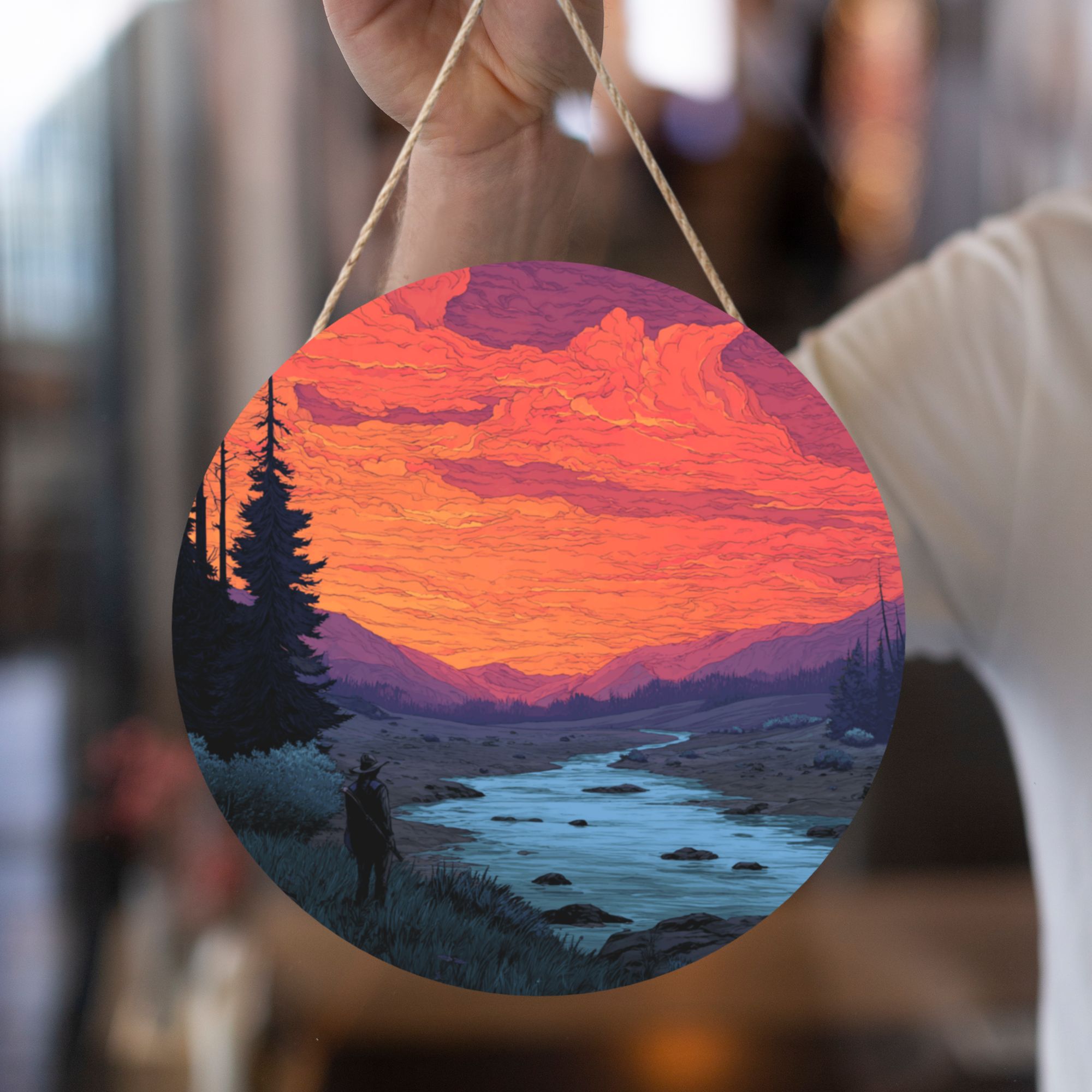 Sunset Landscape Round Wooden Wall Art – 12" Decorative Hanging Panel, Thick Durable Wood, Waterproof Finish with Rope, Ideal for Living Room, Bedroom & Study Décor